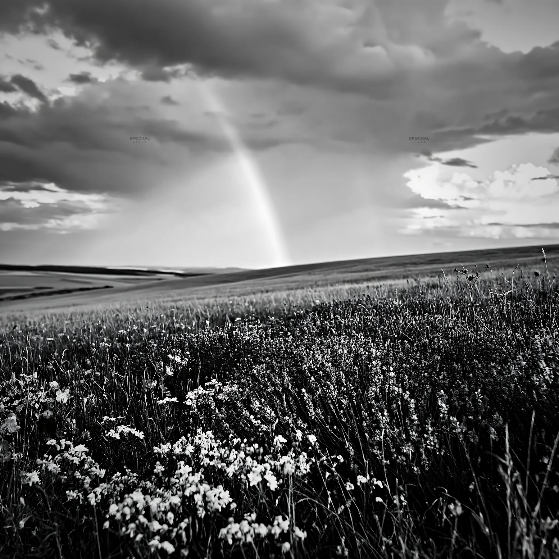 Colorful lavender meadow under cloudy sky with rainbow - AI-generated stock image
