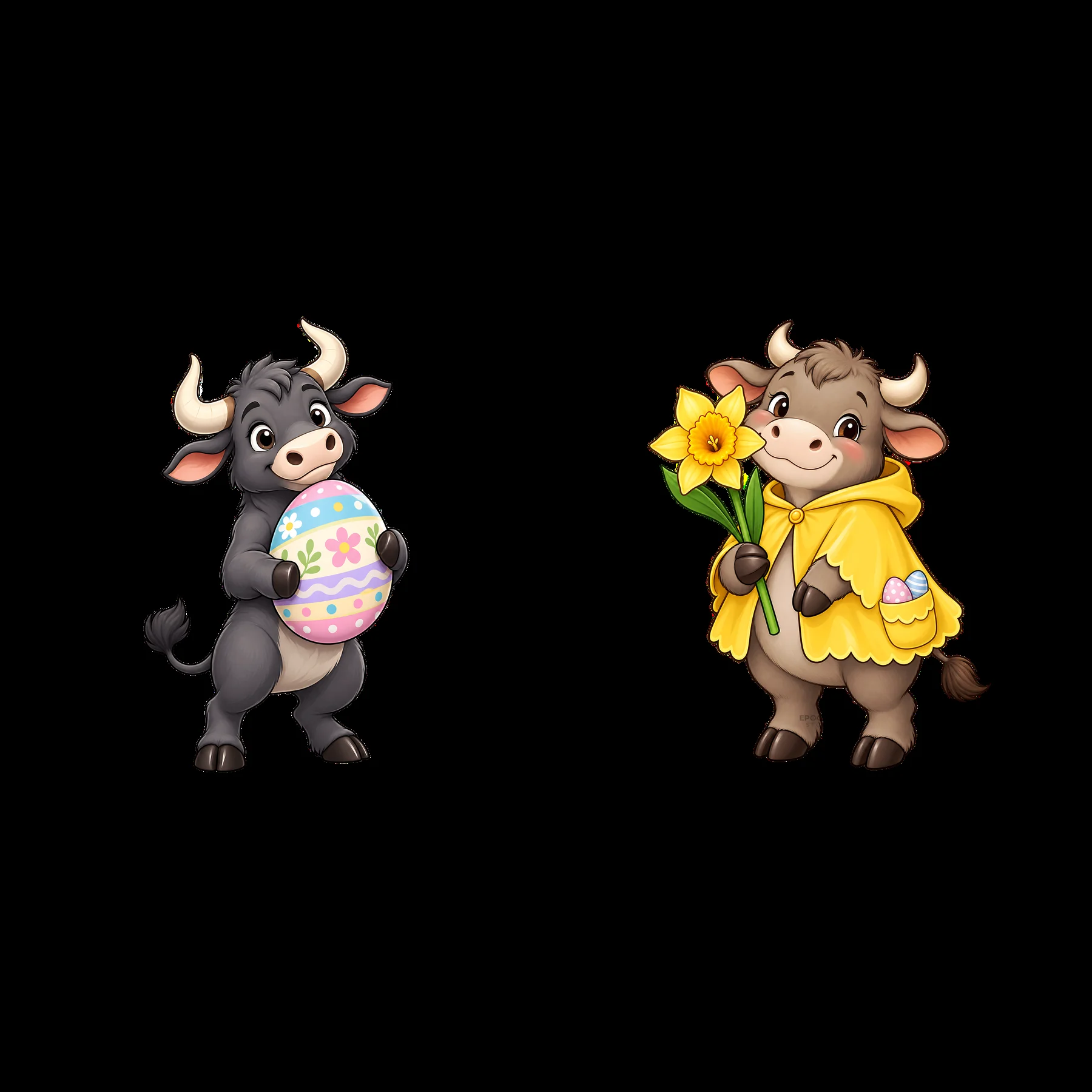 Easter ox with egg and flower in matching holiday colors - AI-generated stock image