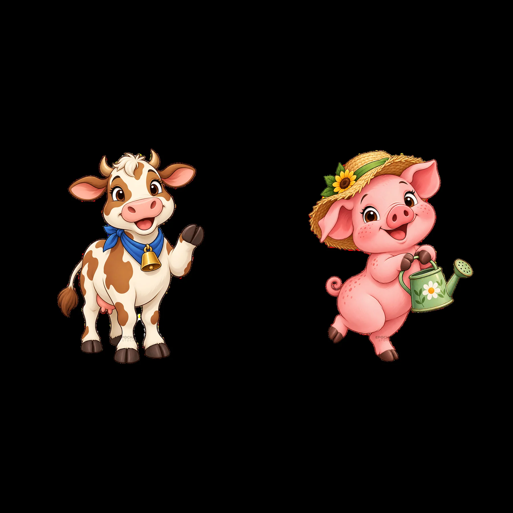 Farm cow and pig characters with accessories in playful poses - AI-generated stock image