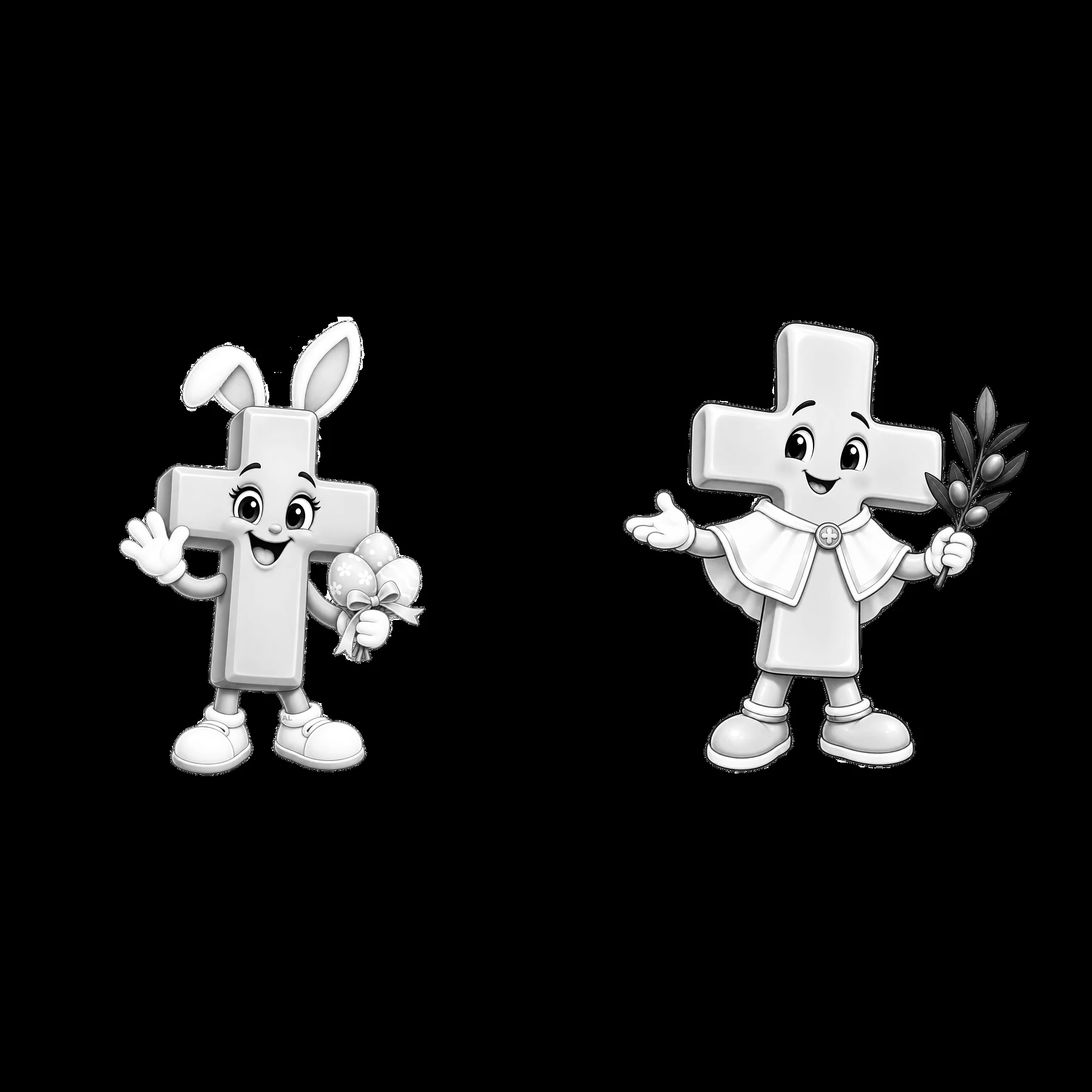 Easter bunny and cross characters holding flowers and leaves - AI-generated stock image