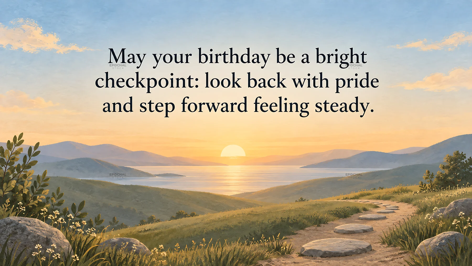 Birthday Greeting Over a Sunrise Landscape - AI-generated stock image