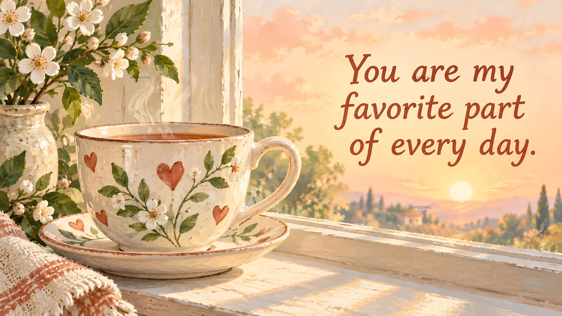 Heart-Decorated Teacup Love Greeting at Sunset - AI-generated stock image