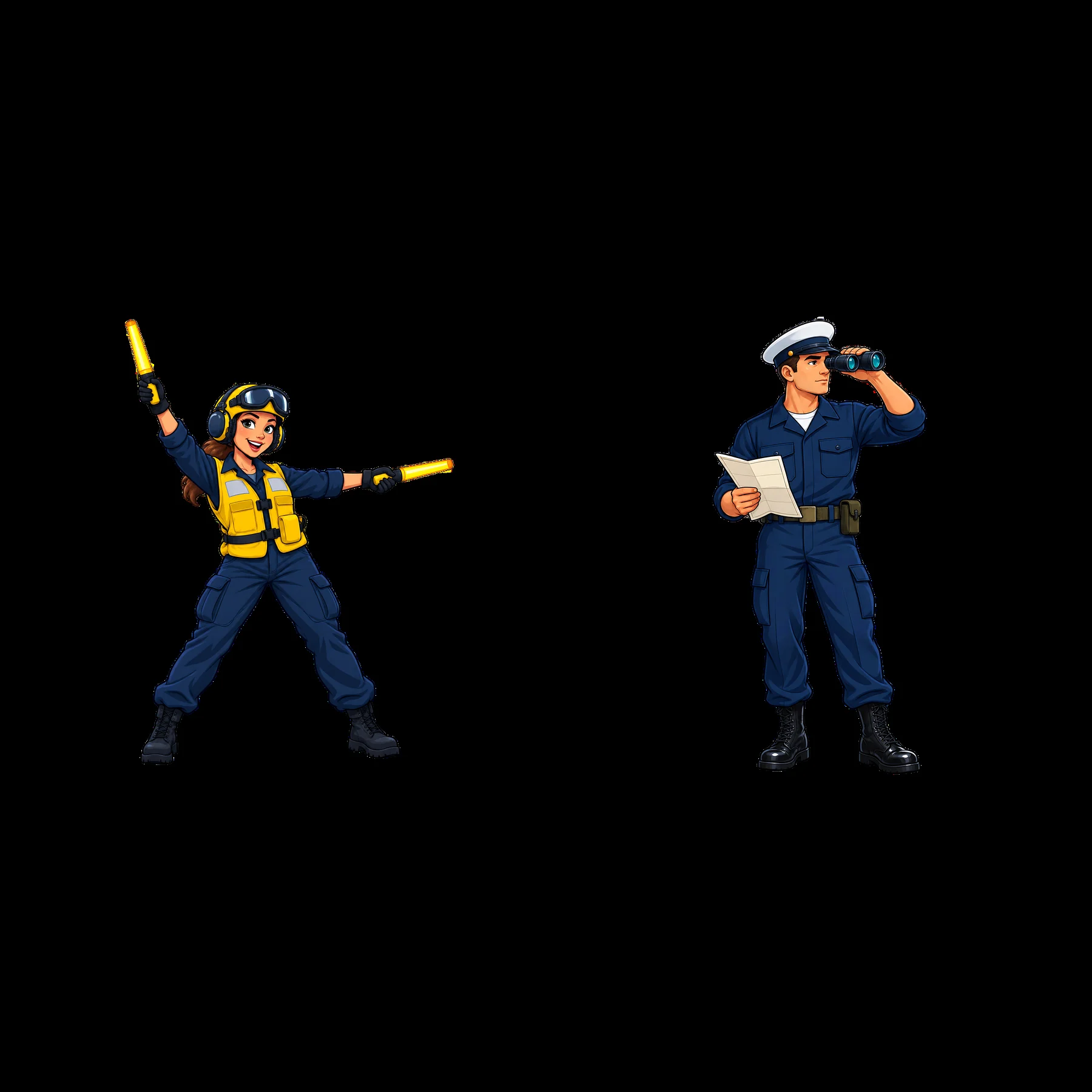 Cartoon aircraft carrier crew member and controller sticker set - AI-generated stock image
