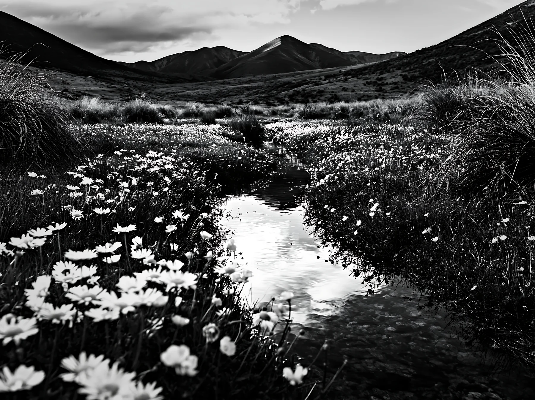 High contrast winding stream through meadow with flowers - AI-generated stock image