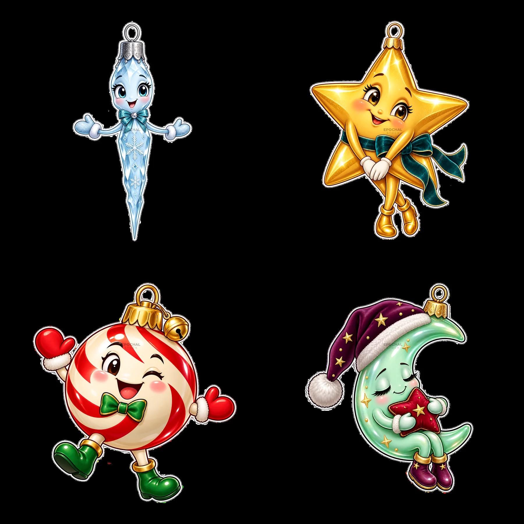 Colorful Christmas ornaments featuring a star, icicle, candy, and moon - AI-generated stock image