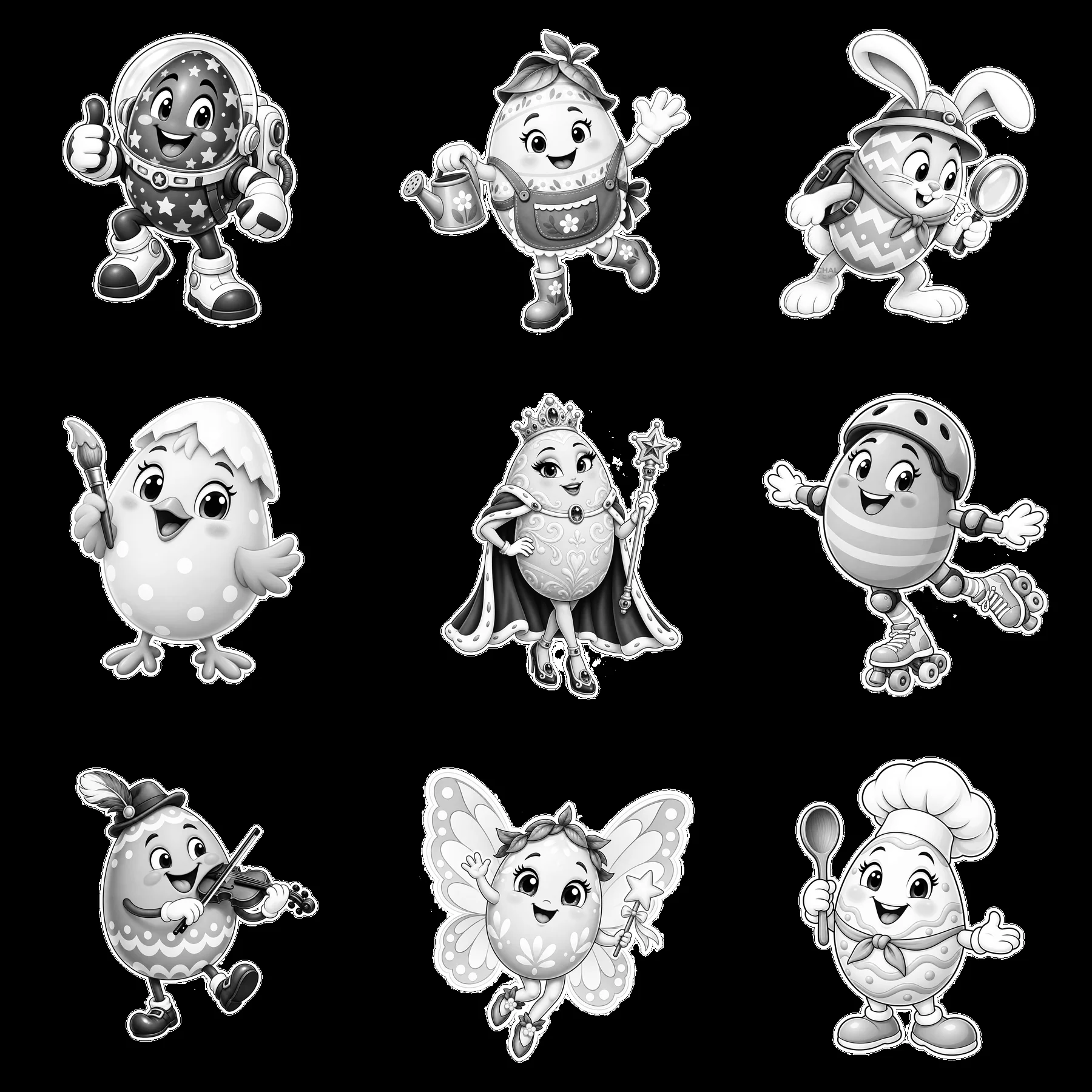 Monochrome nine cartoon figure stickers in a square arrangement - AI-generated stock image