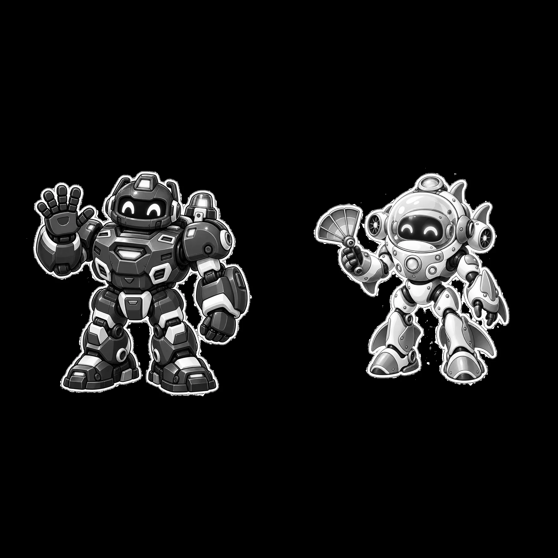 Two mech robots waving and holding a fan in black-and-white - AI-generated stock image