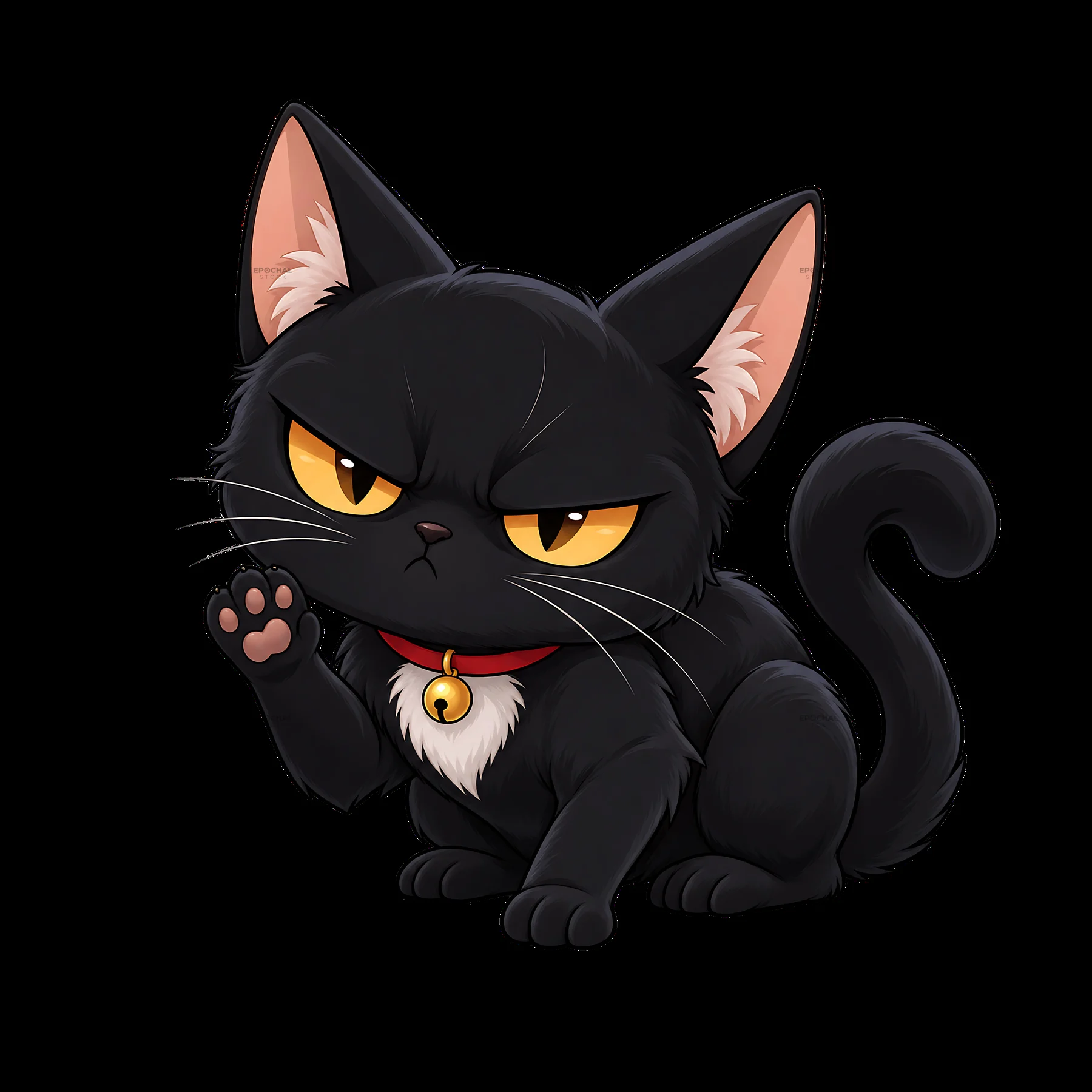Kawaii grumpy black cat with yellow eyes and red collar - AI-generated stock image