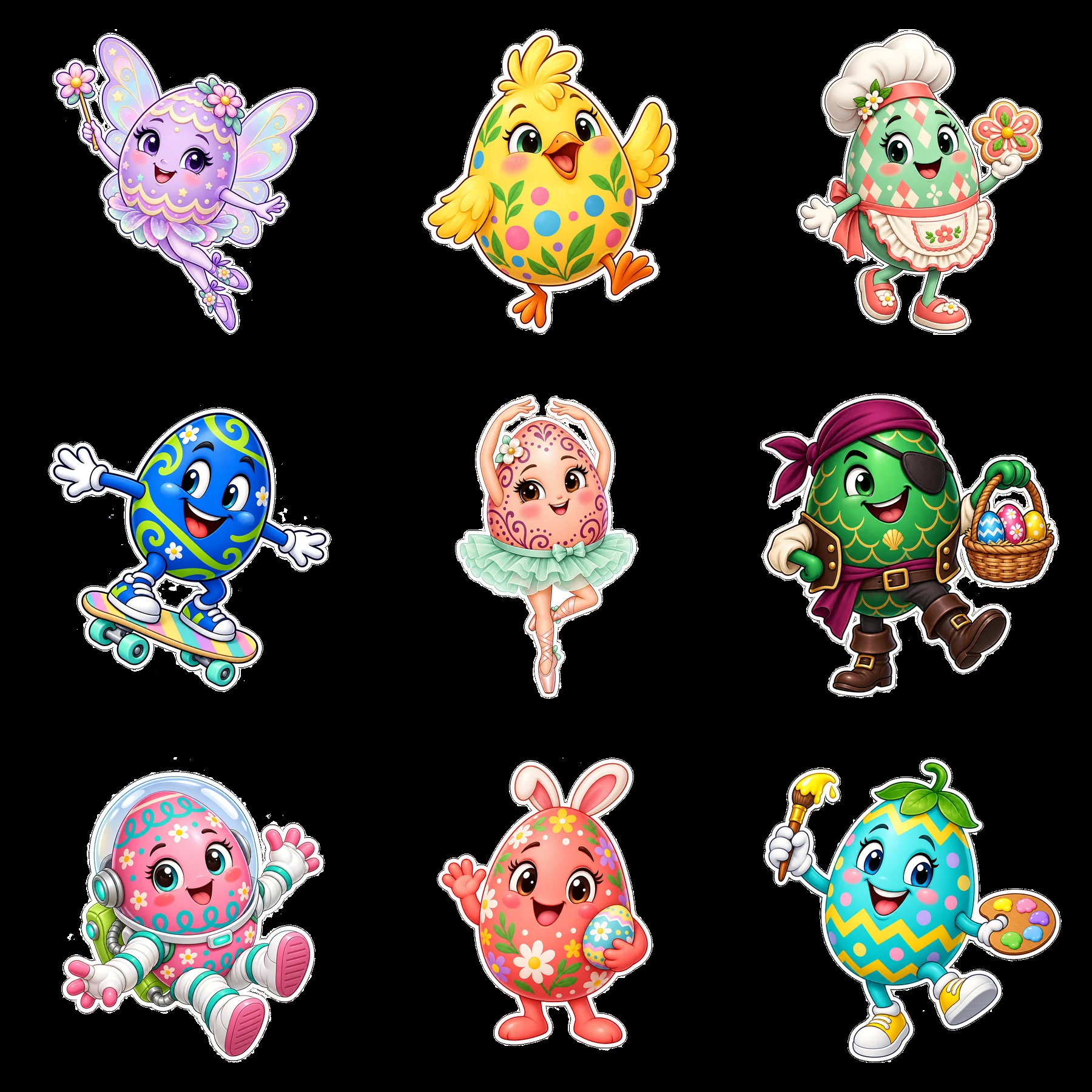Colorful Easter eggs and characters in a 3x3 grid layout - AI-generated stock image