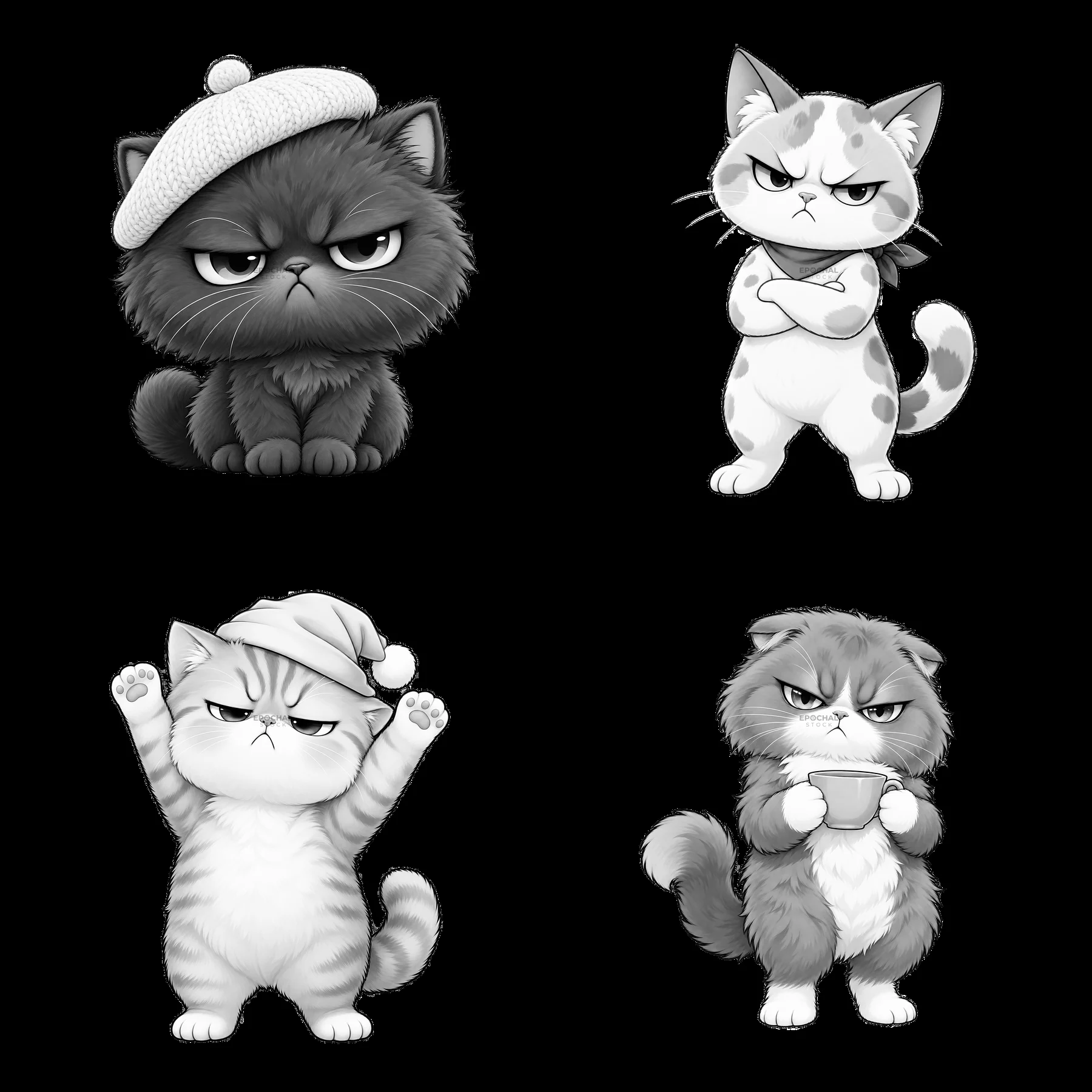 Kawaii grumpy cat characters in a 2x2 layout - AI-generated stock image