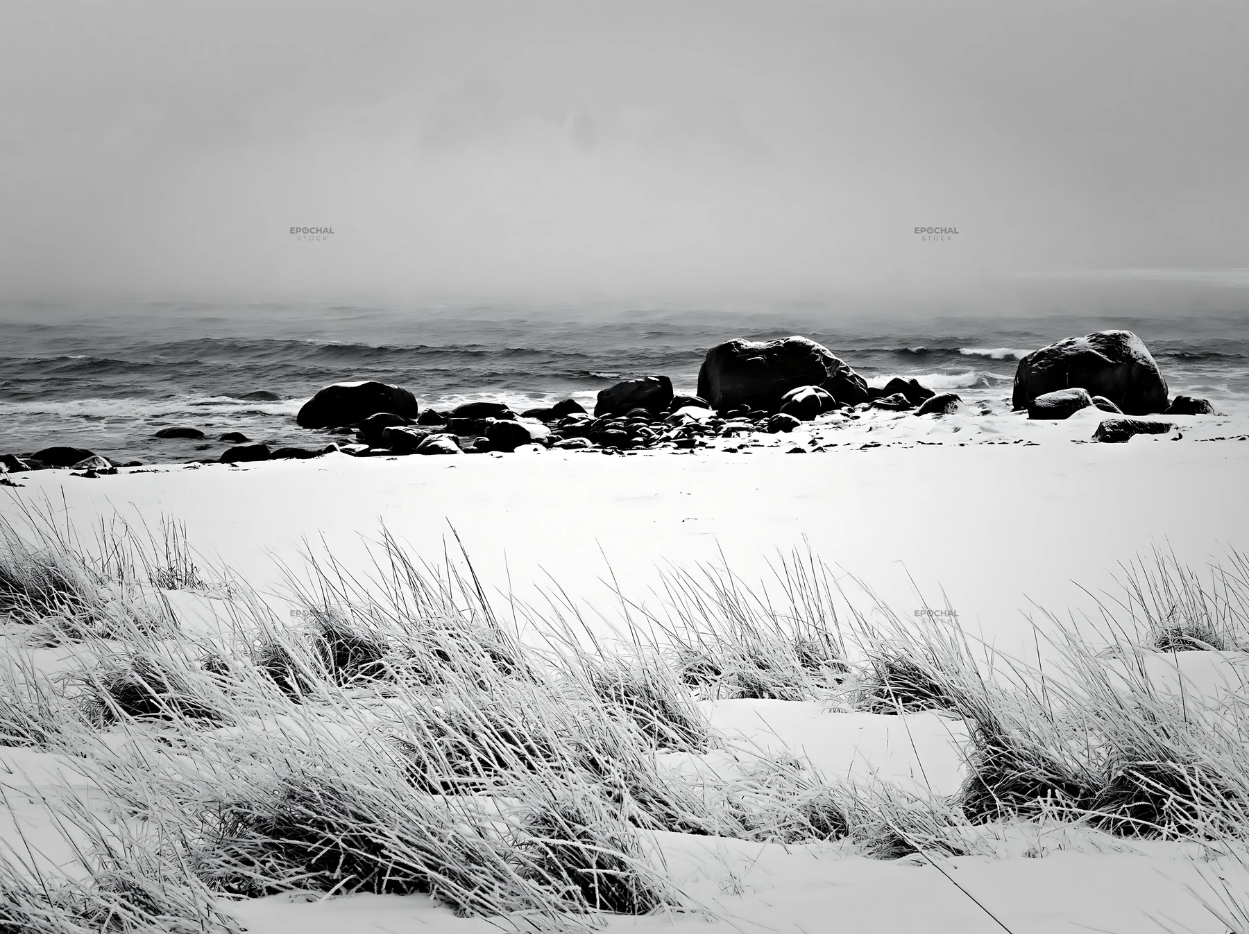 Lofoten coastal meadow with winter snow and ocean view - AI-generated stock image