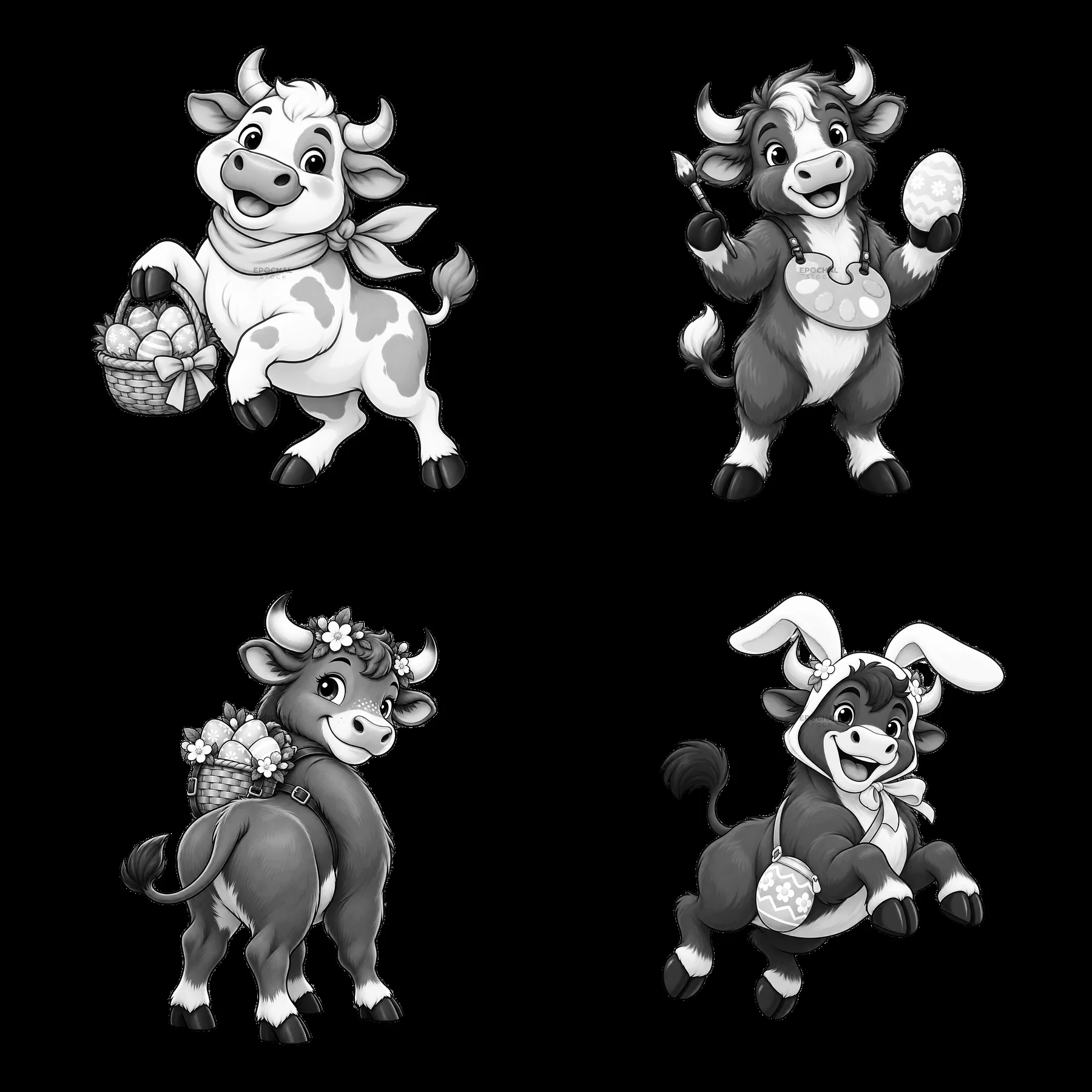 Easter ox characters with baskets and eggs in black-and-white - AI-generated stock image