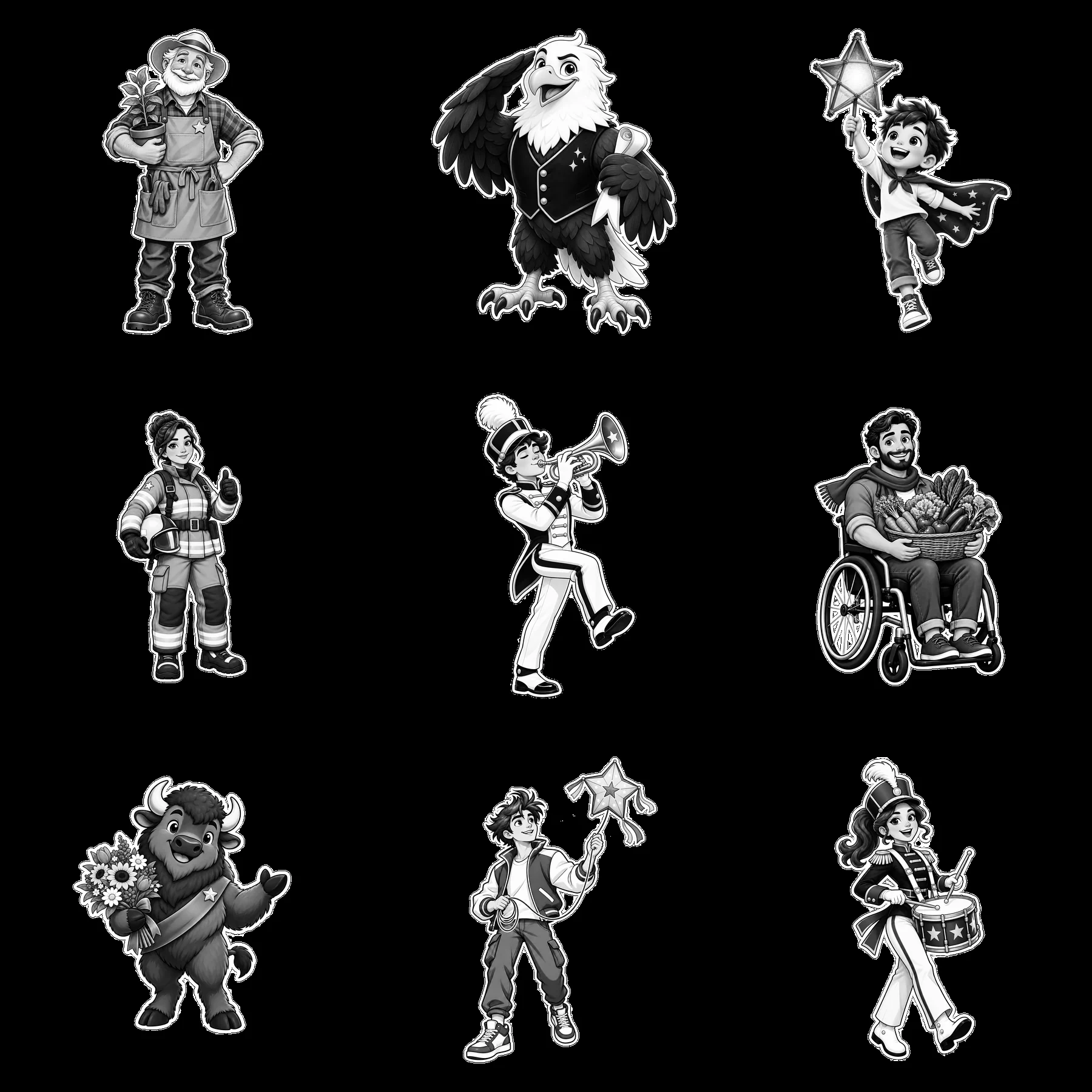 Nine patriotic cartoon character stickers in a grid layout - AI-generated stock image