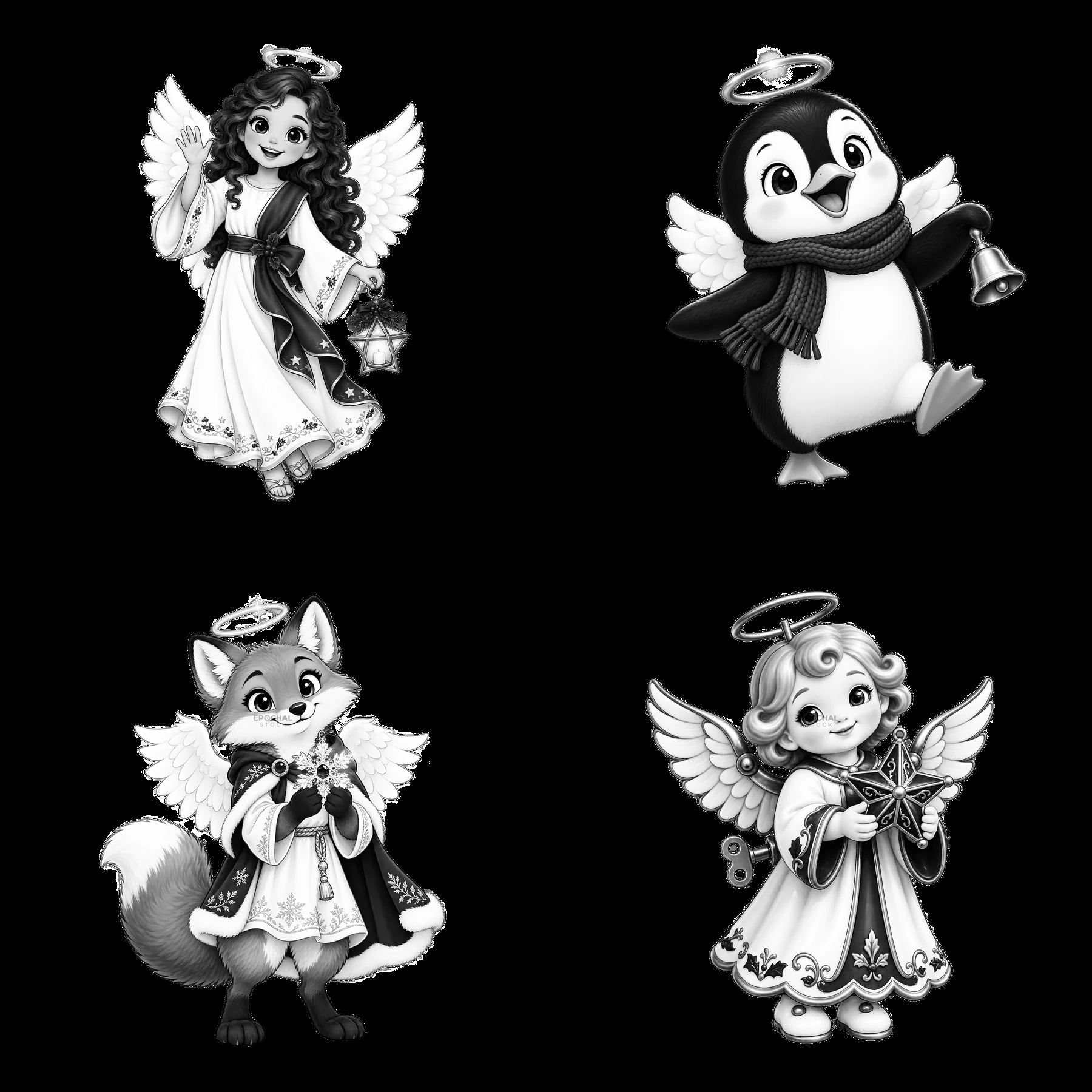 Christmas angel cartoon characters in black and white - AI-generated stock image