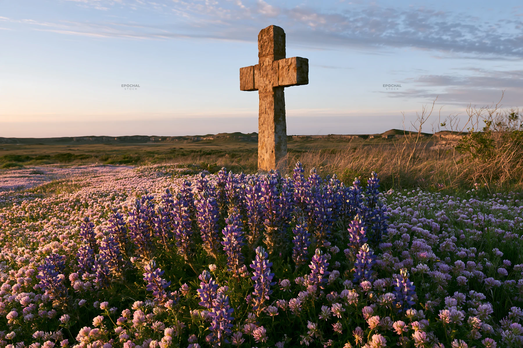 Christian cross in a meadow surrounded by flowers - AI-generated stock image