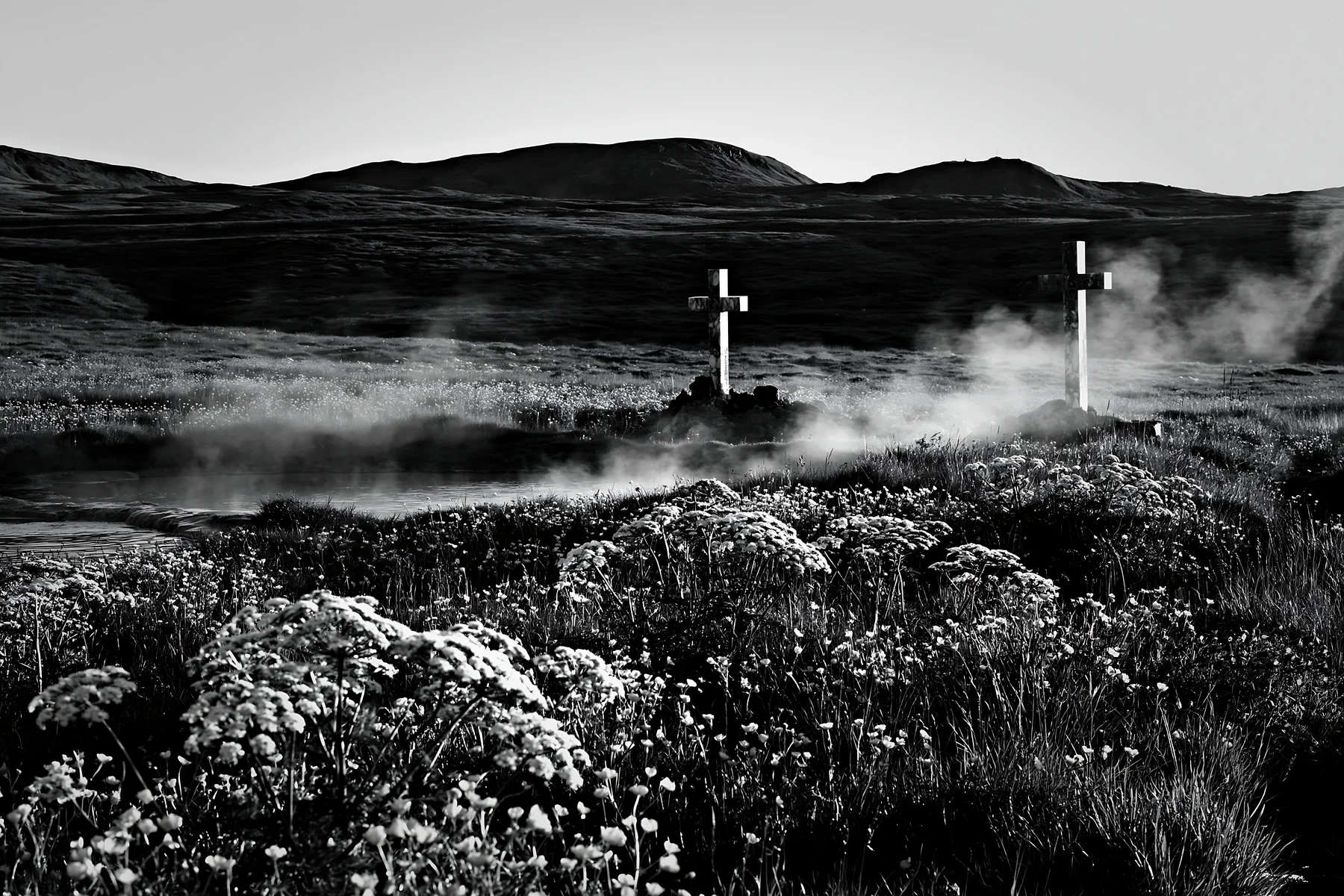 Two Christian crosses near a thermal spring meadow - AI-generated stock image