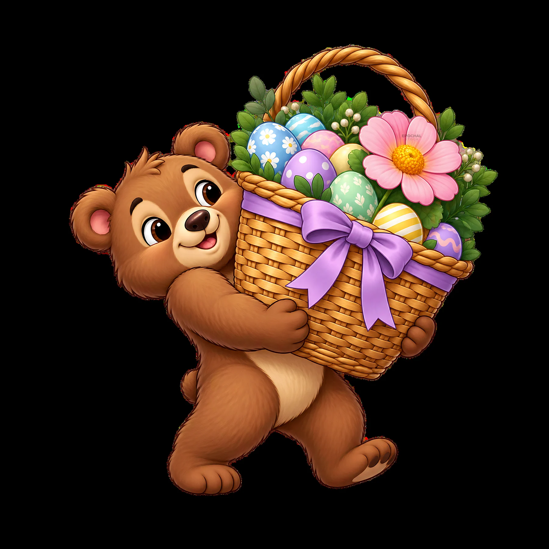Cute bear carrying an Easter basket filled with colorful eggs - AI-generated stock image