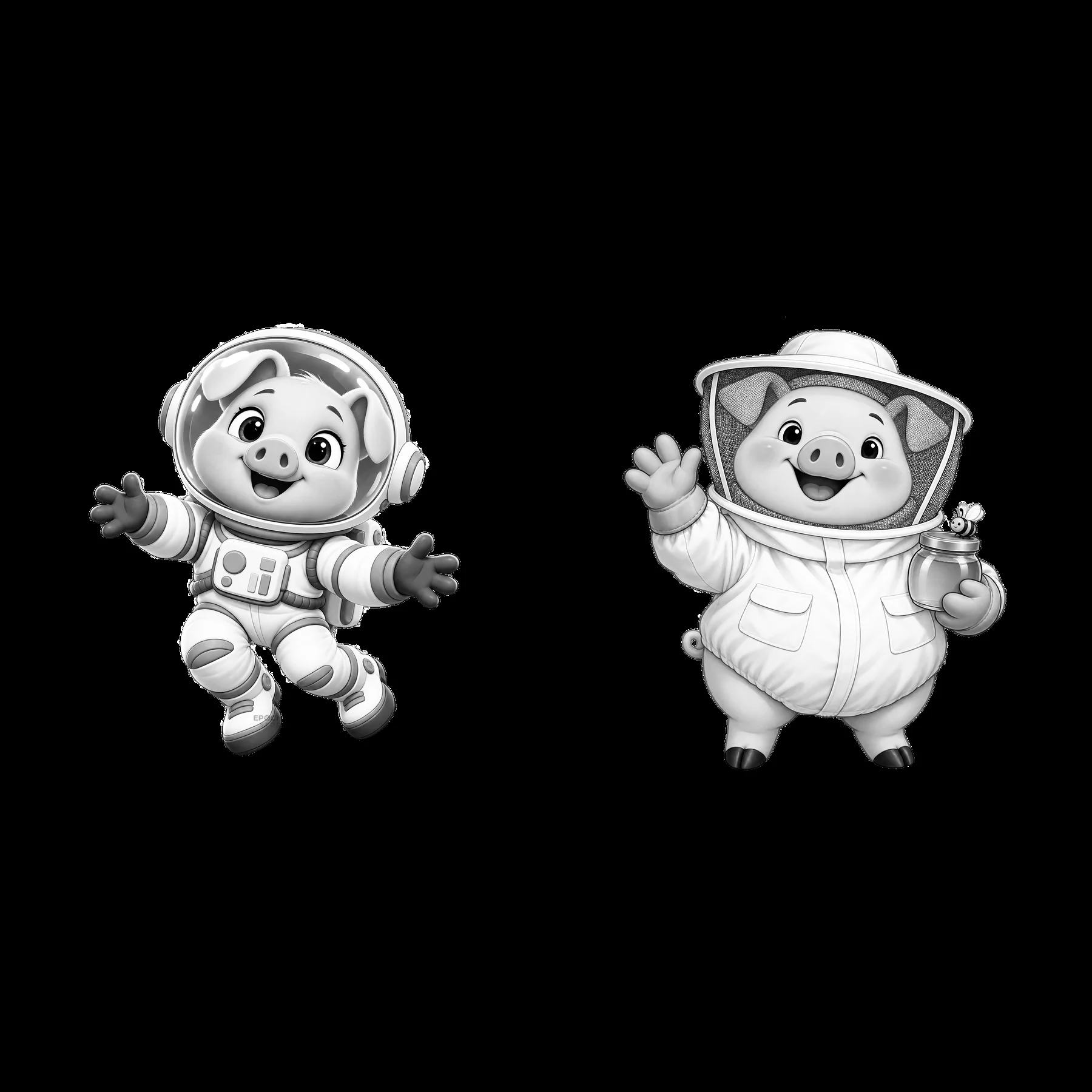 Pigs in space suits and bee costumes preparing for adventure - AI-generated stock image
