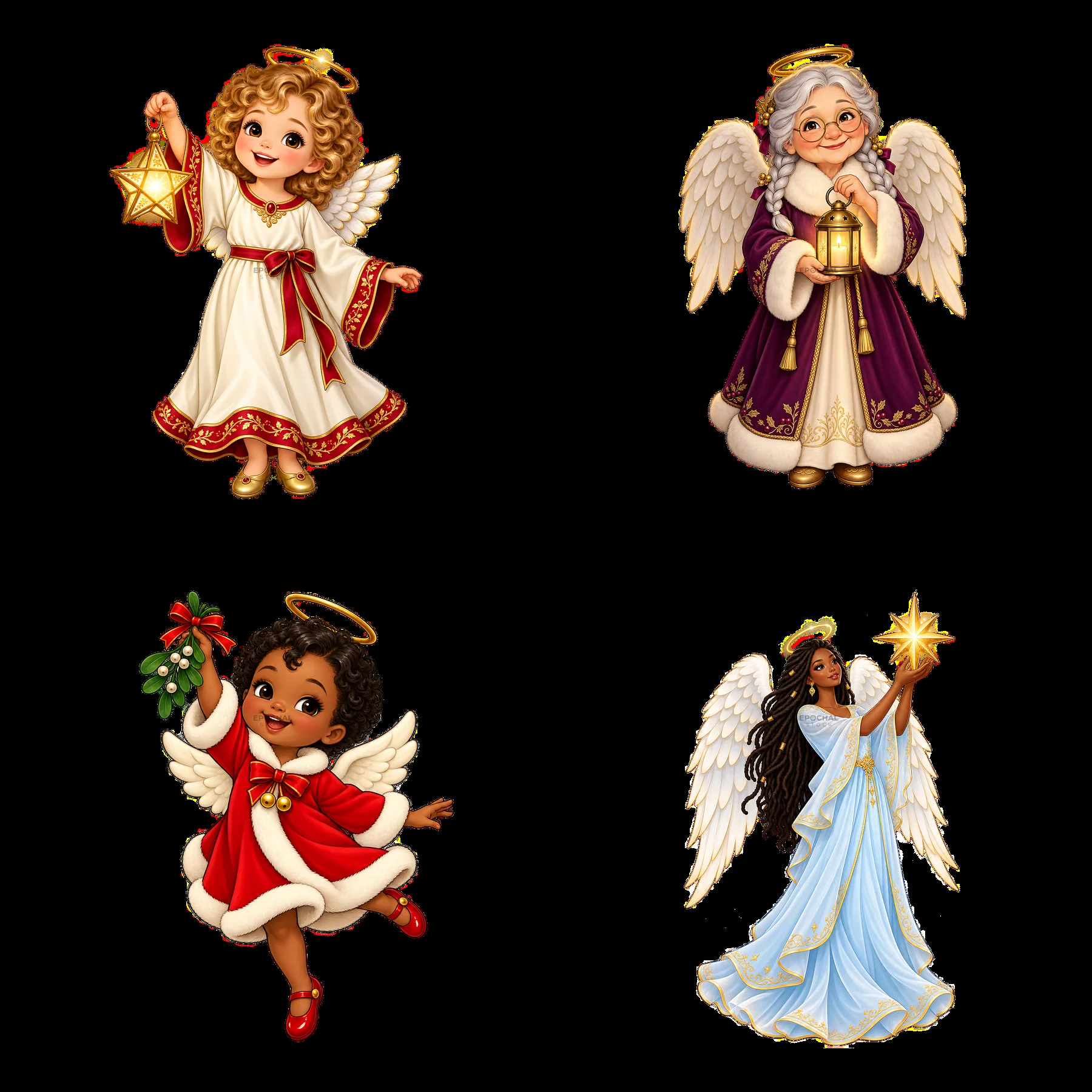 Christmas angels celebrating in four distinct cartoon styles - AI-generated stock image