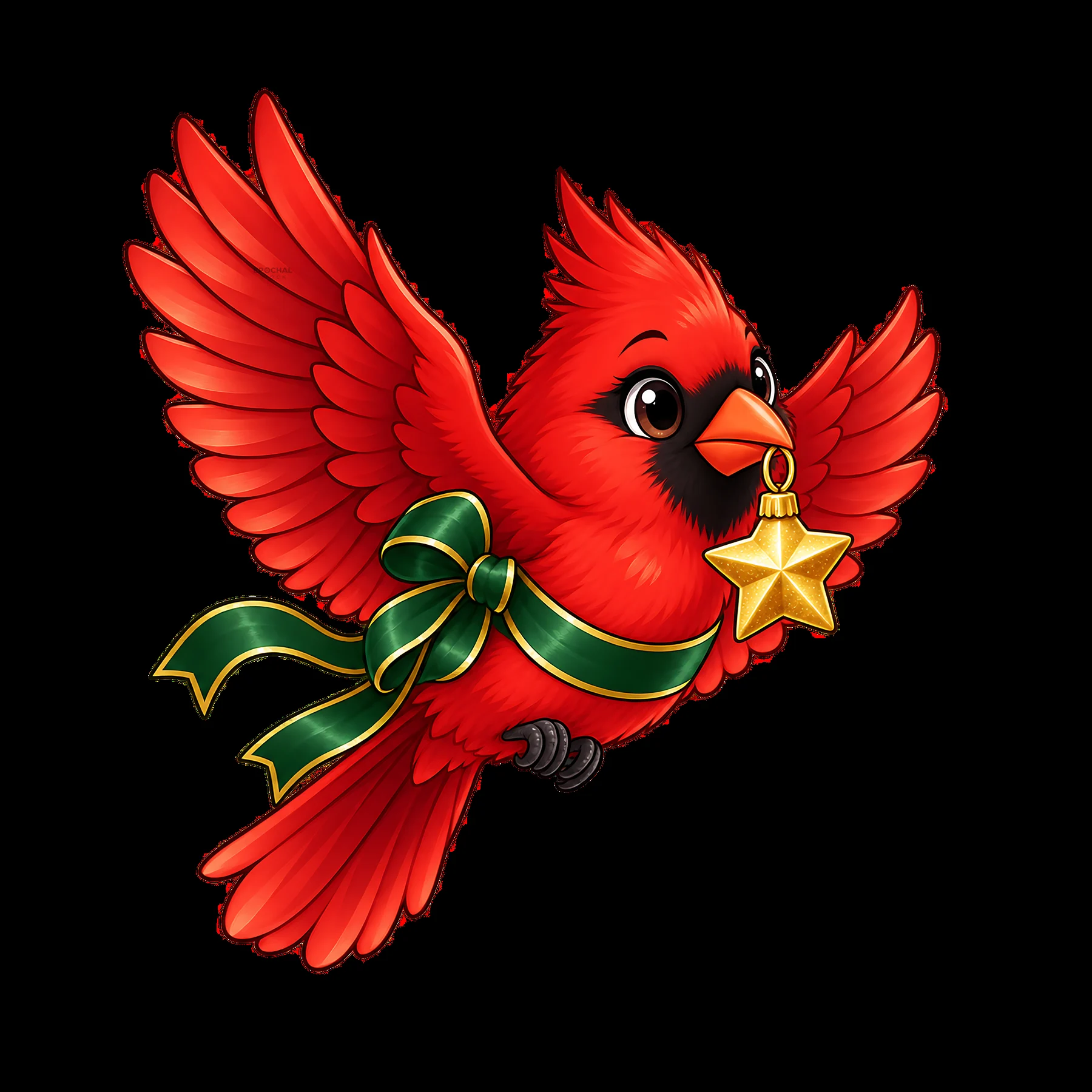 Cardinal bird wearing a green ribbon and holding a gold star ornament - AI-generated stock image