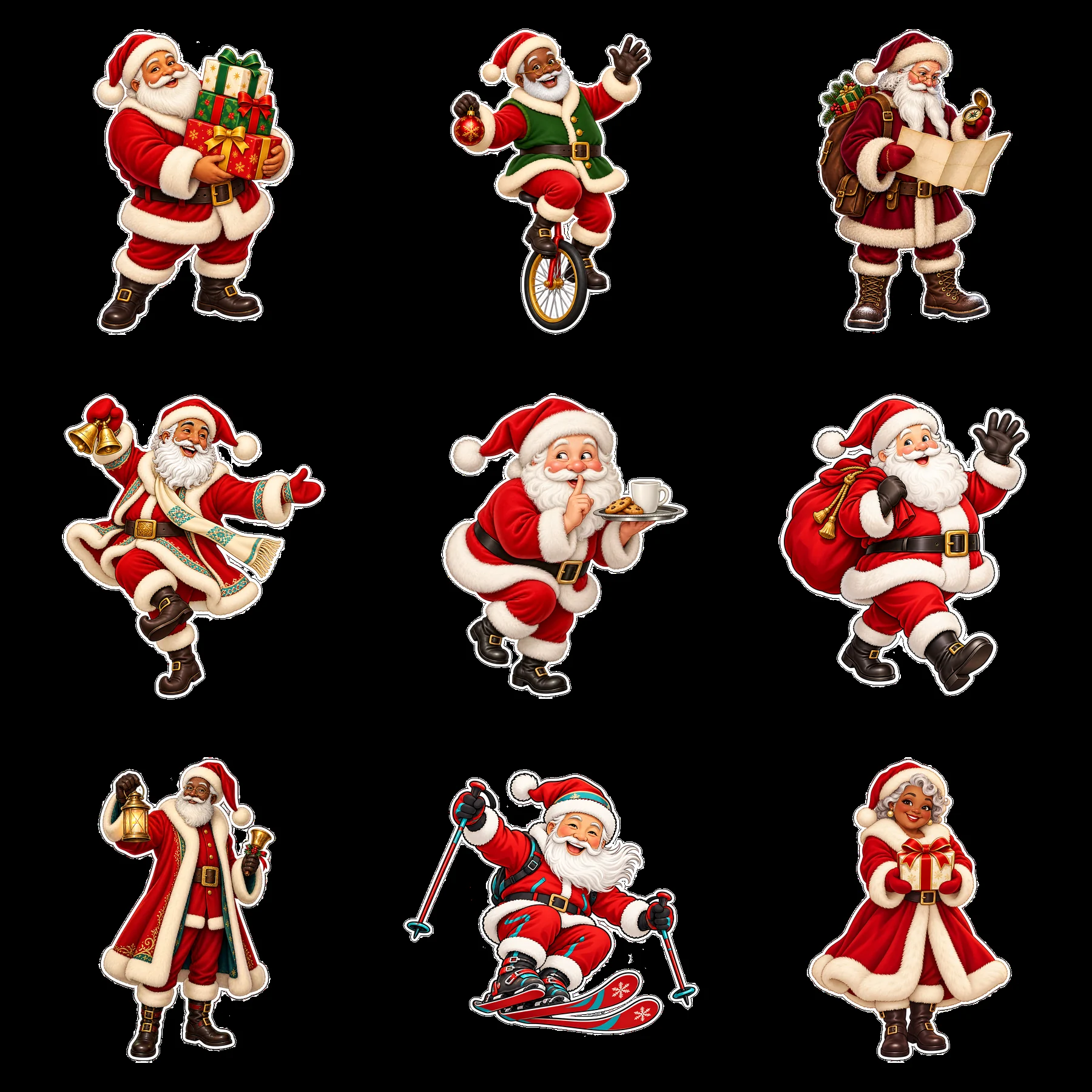 Santa Claus stickers in festive poses and activities - AI-generated stock image