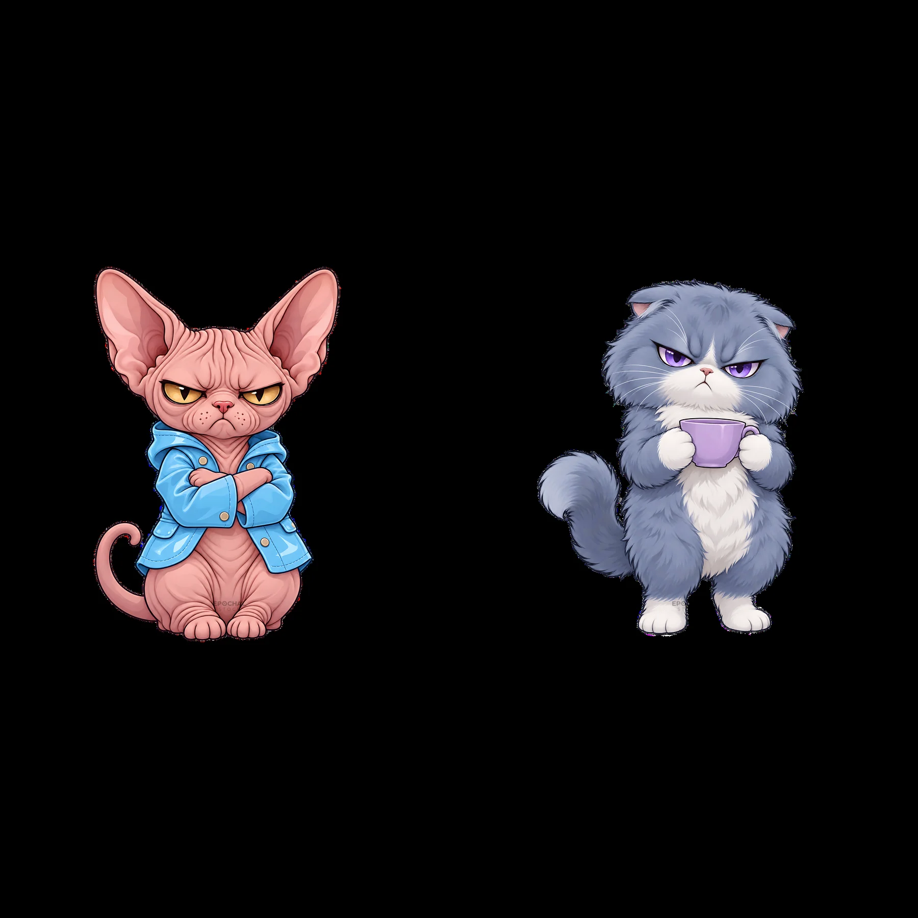 Grumpy cats in a cartoon style wearing funny outfits - AI-generated stock image