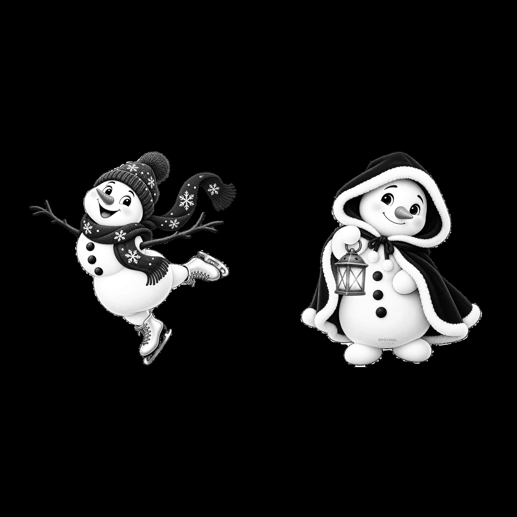 Snowman skating and snowman with lantern in winter scene - AI-generated stock image