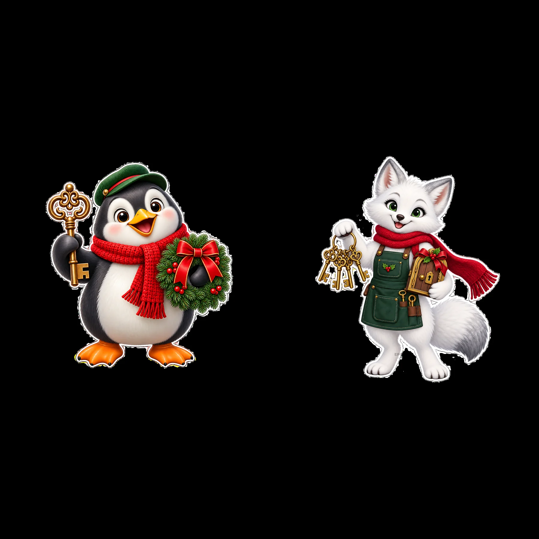 Penguin with wreath and fox holding keys for Christmas door - AI-generated stock image