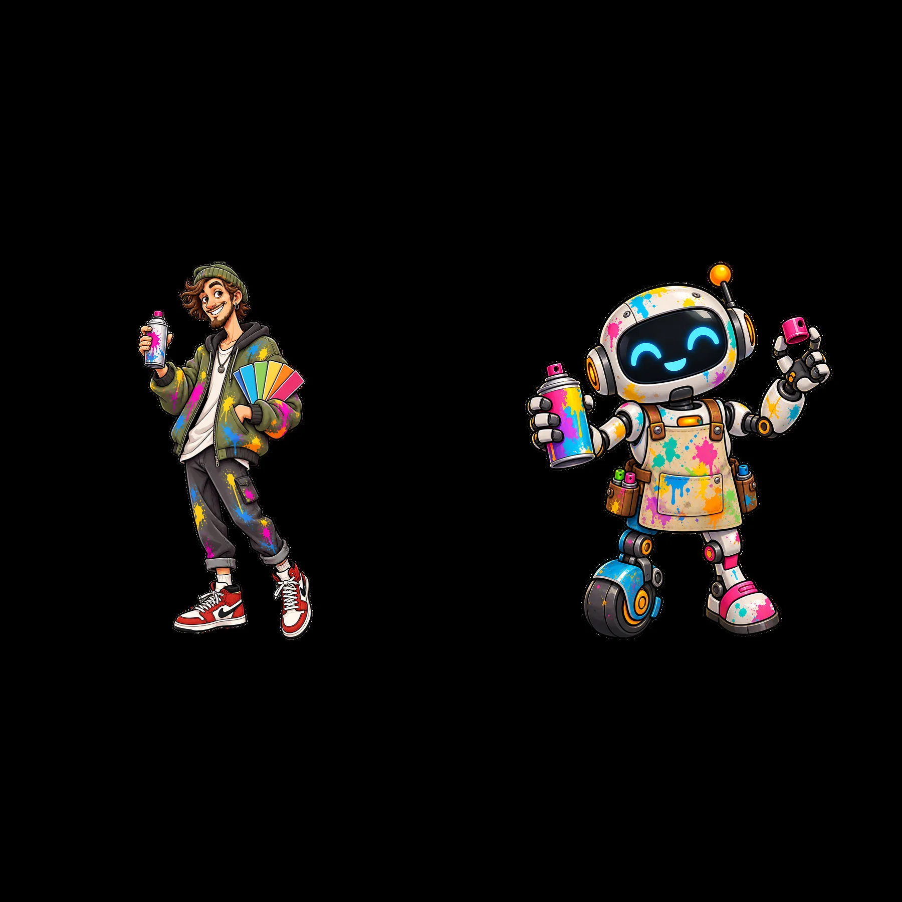 Graffiti artist and robot spraying colorful paint with cans - AI-generated stock image