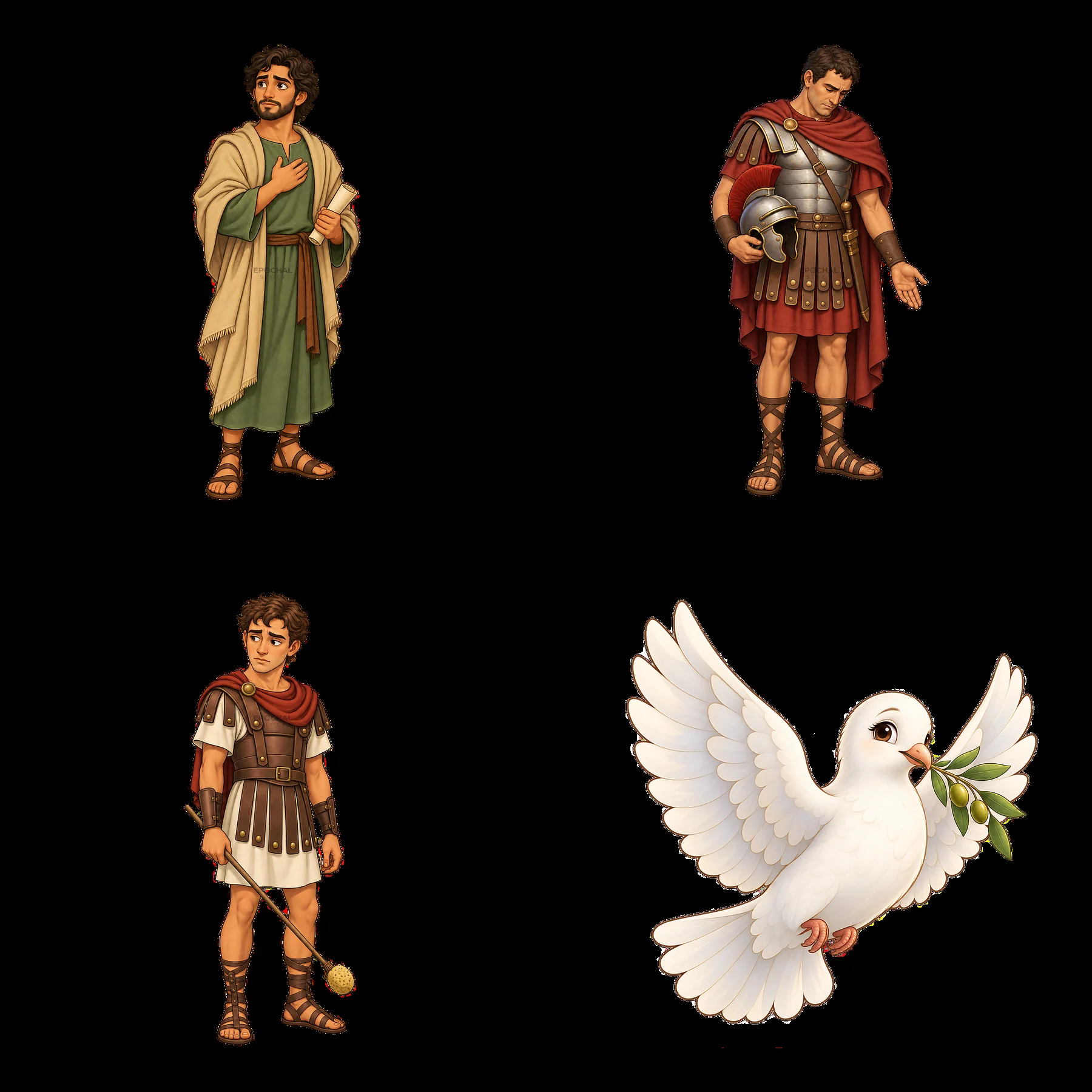 Cartoon characters depicting biblical figures and a dove - AI-generated stock image