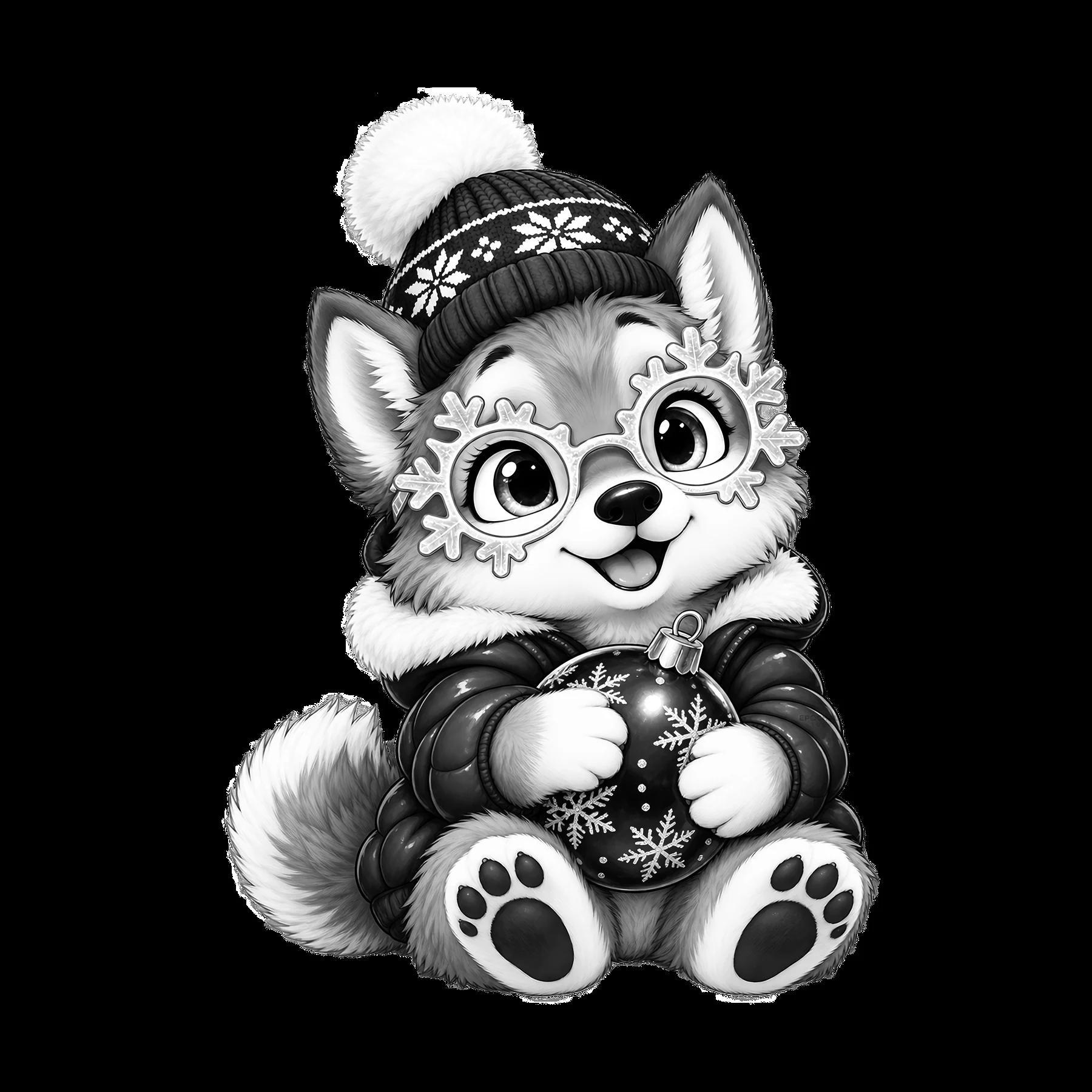 Cute wolf in winter gear holding a snowflake ornament - AI-generated stock image
