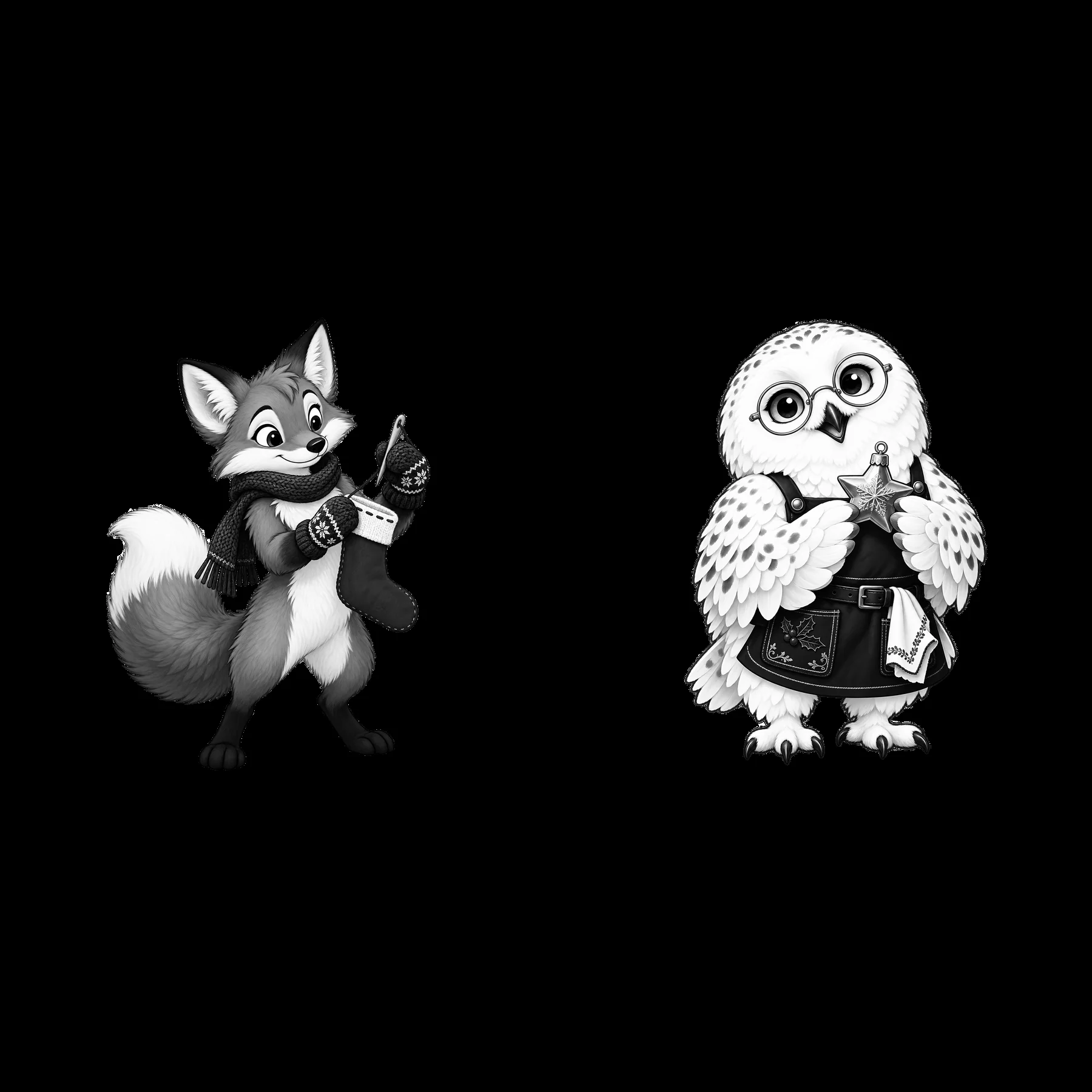 Fox and owl characters with Christmas stockings by fireplace - AI-generated stock image
