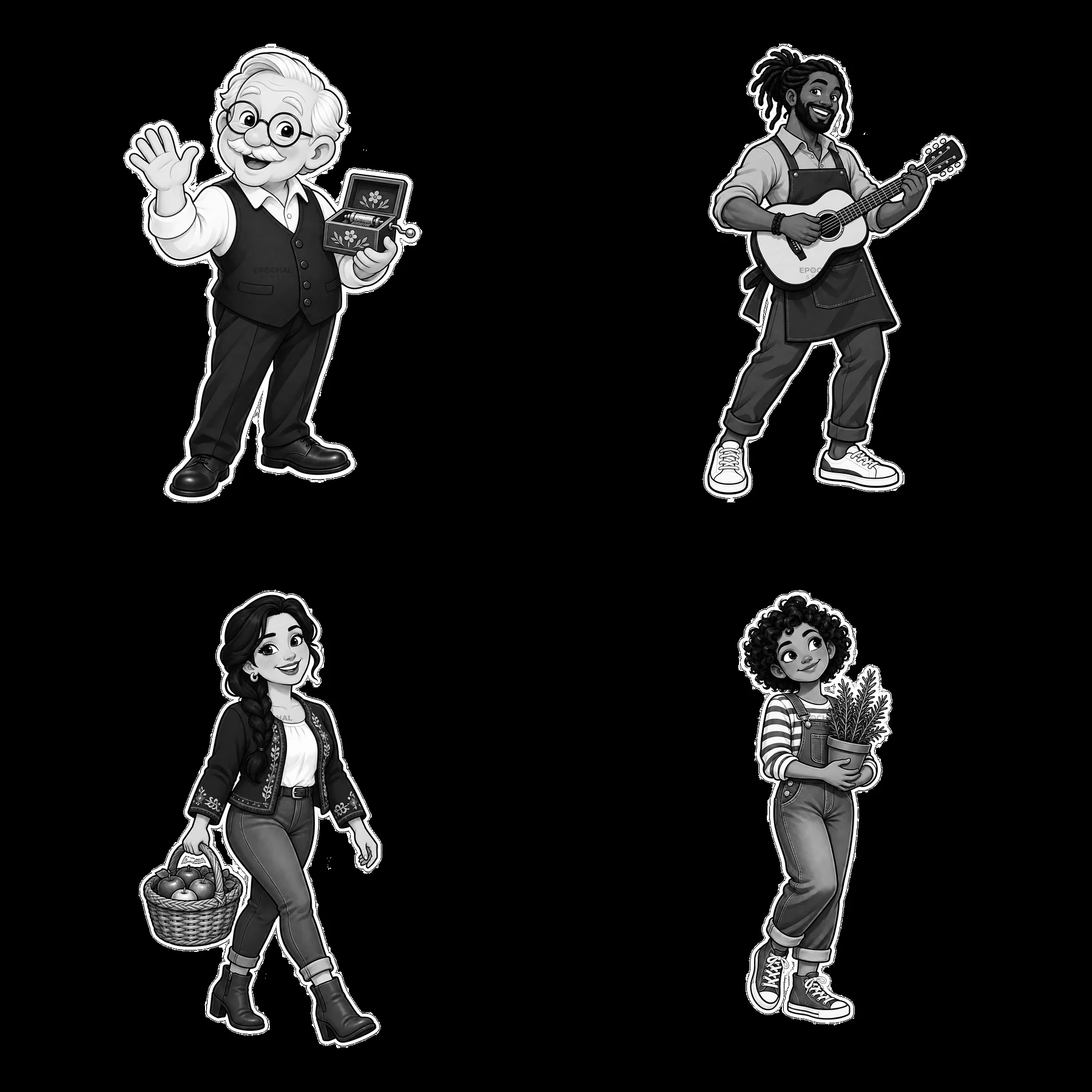 Family members sharing activities in a 2x2 cartoon illustration - AI-generated stock image