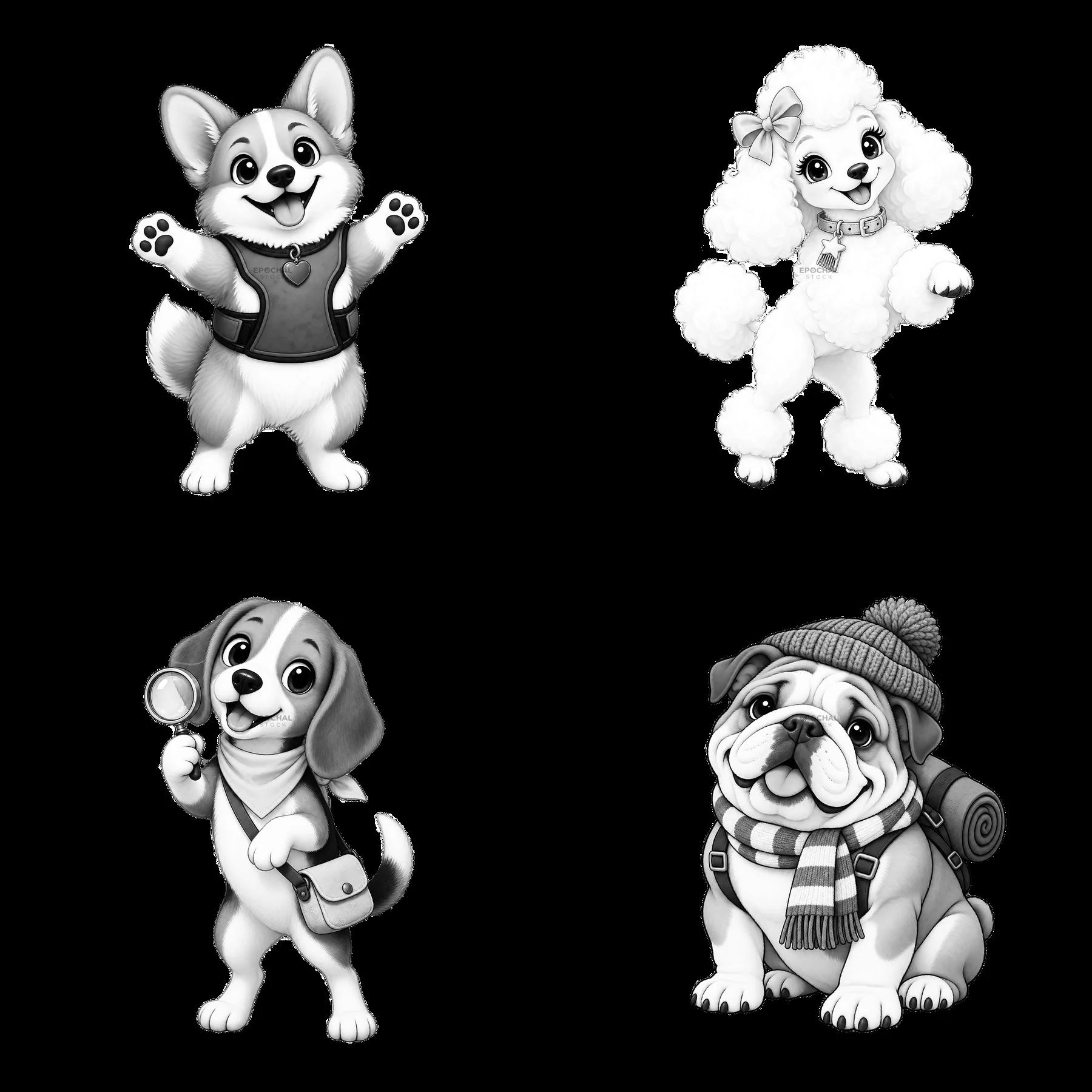 Cute dogs in cartoon style featuring playful actions and accessories - AI-generated stock image