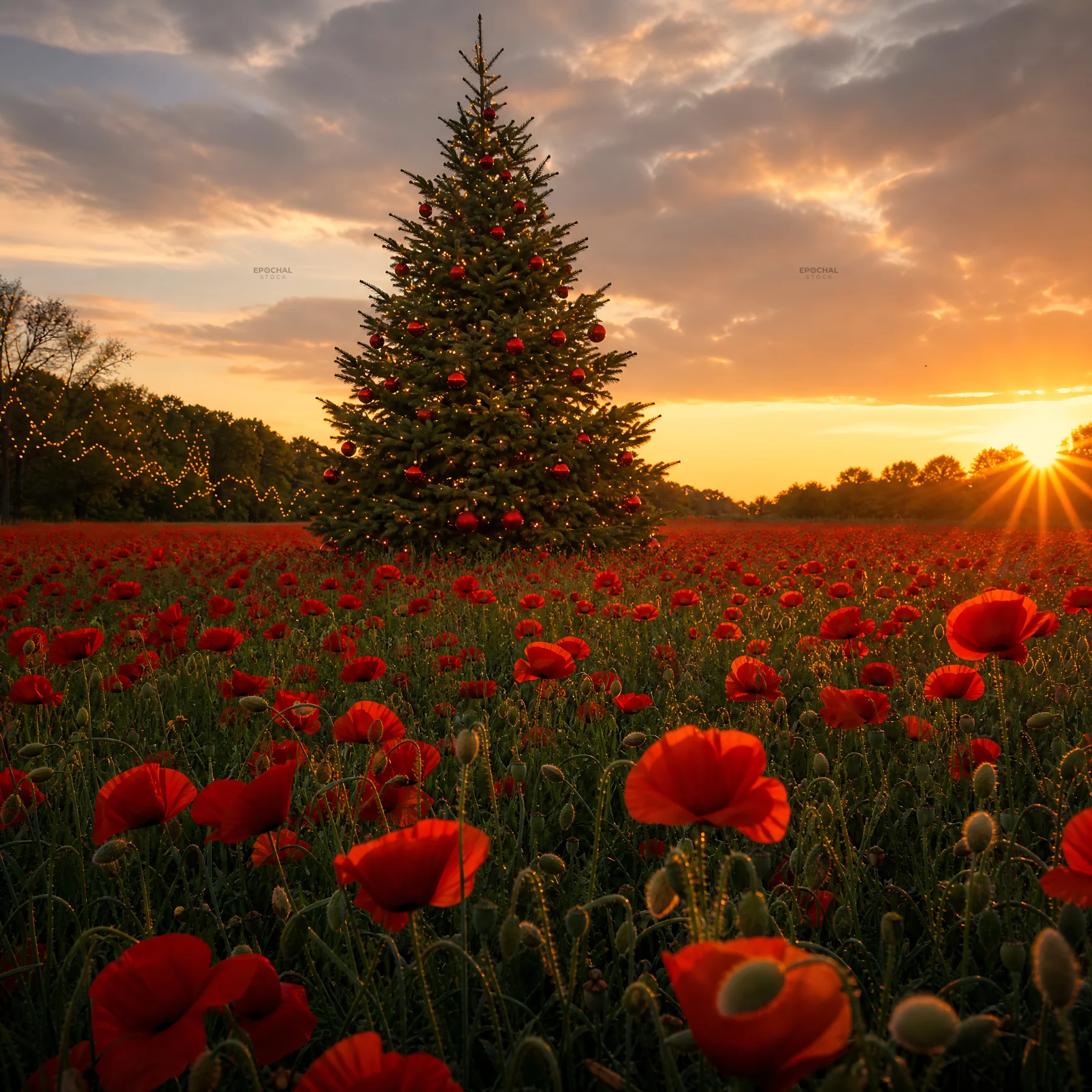 Vibrant Christmas tree in a meadow at dusk - AI-generated stock image