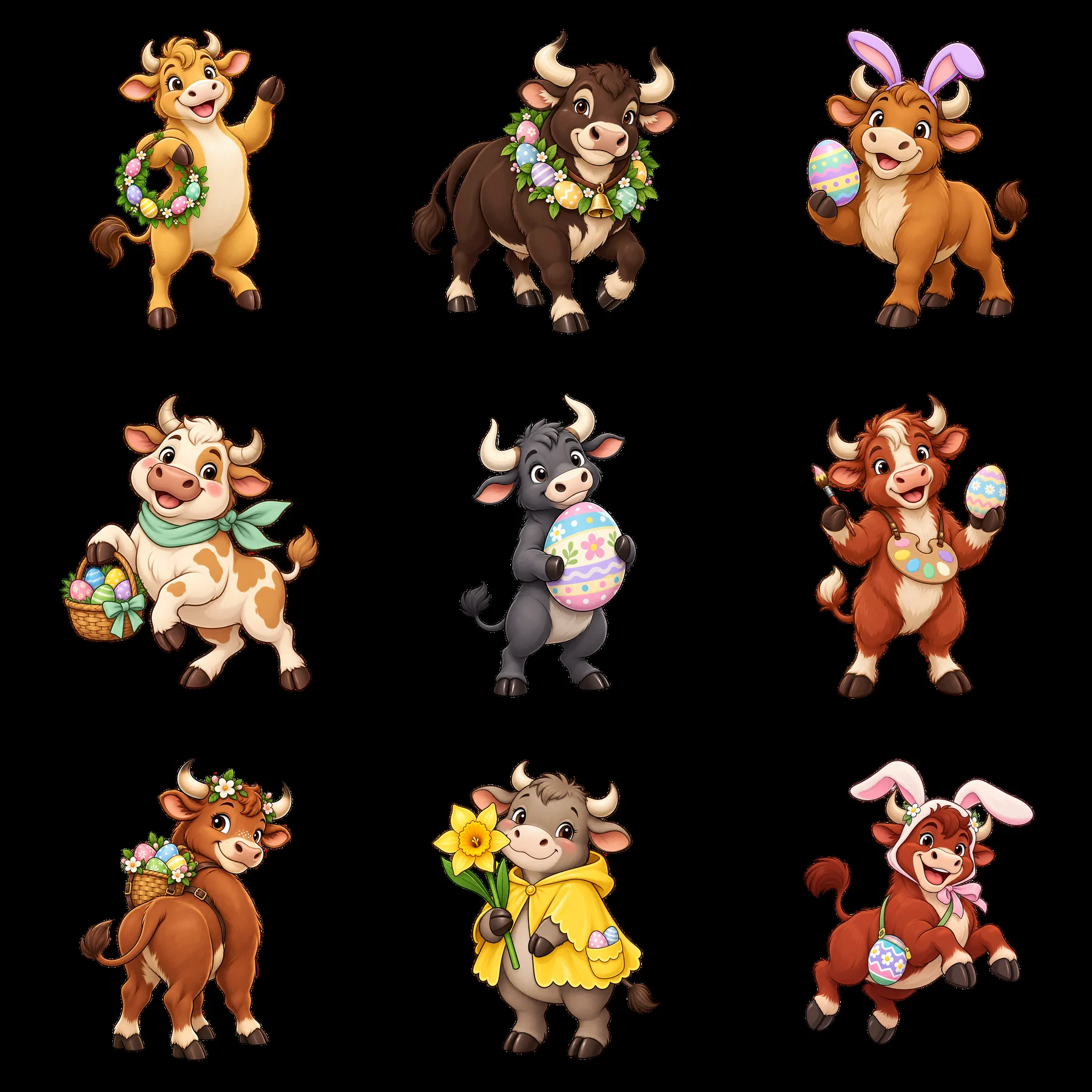 Easter ox characters in playful poses with colorful accessories - AI-generated stock image