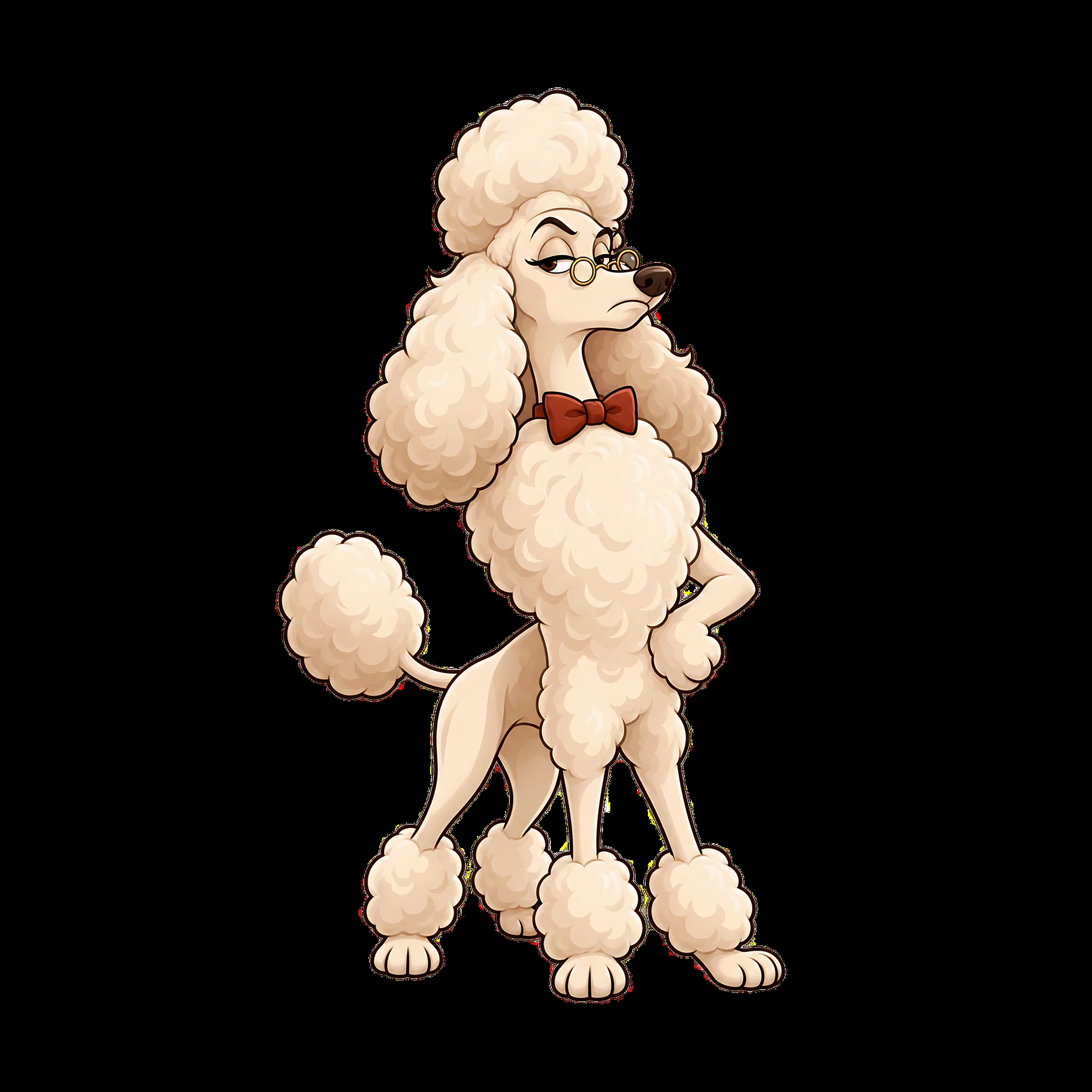 Grumpy poodle with bow tie and glasses standing confidently - AI-generated stock image