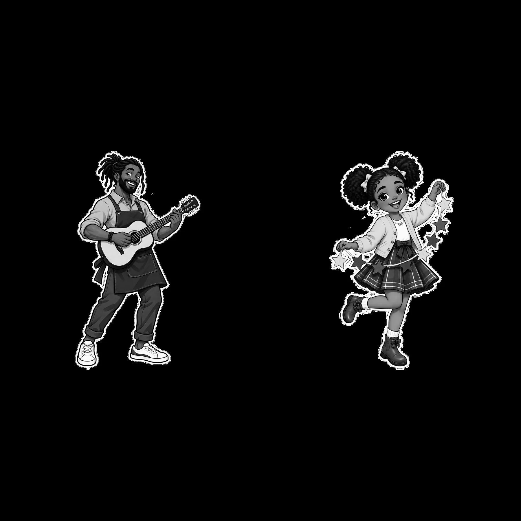 Musician playing guitar with girl dancing and holding stars - AI-generated stock image