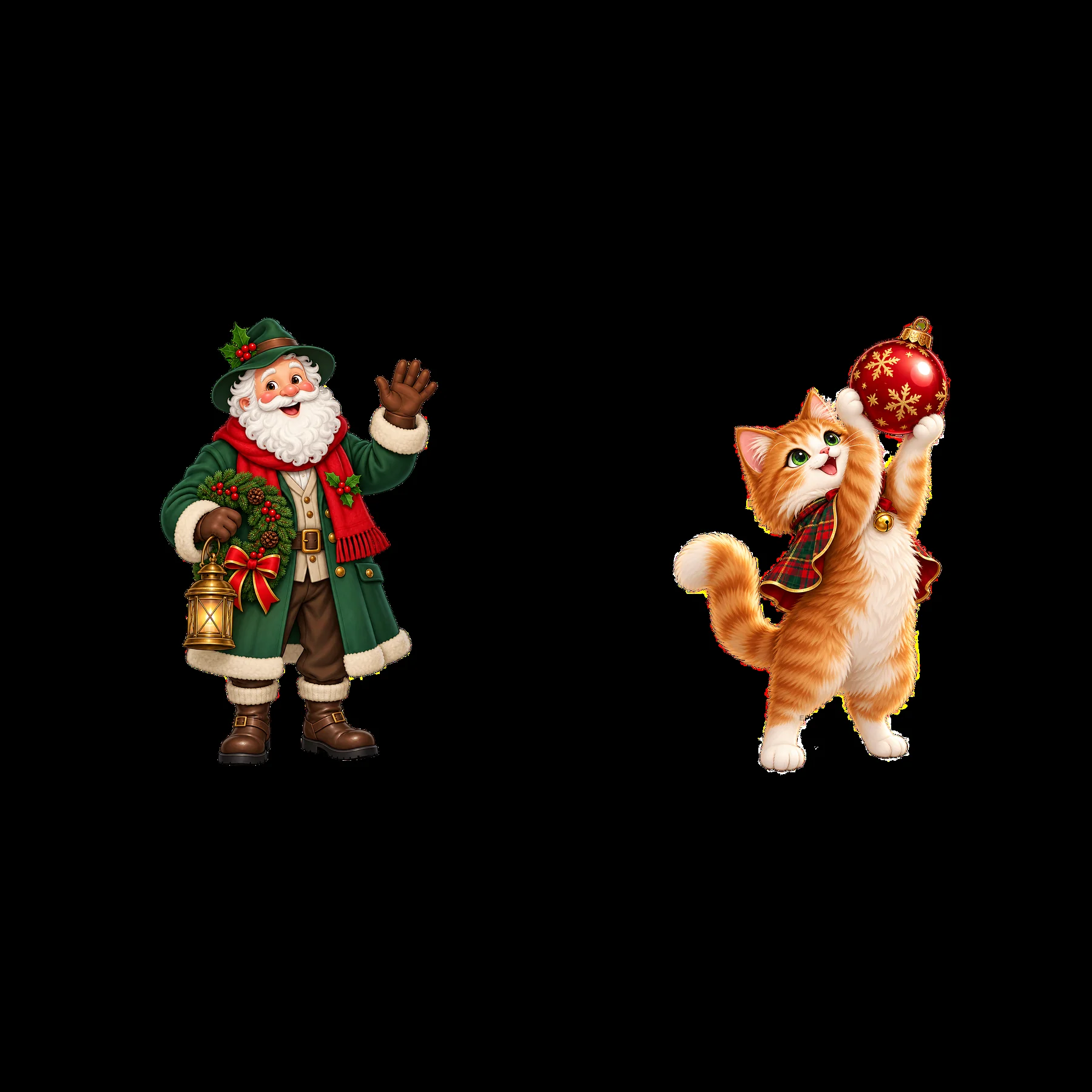 Santa Claus greets with a lantern while a cat plays with a bauble - AI-generated stock image