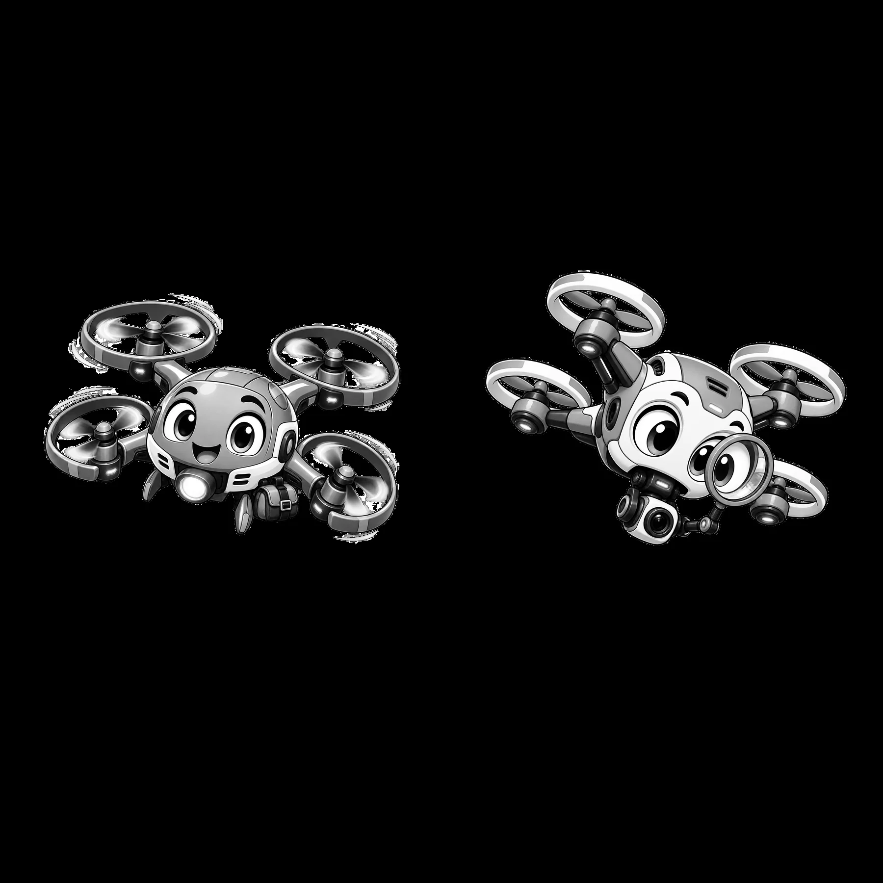 Cartoon drones with smiling faces and propellers in black and white - AI-generated stock image