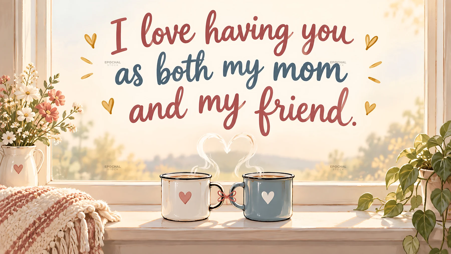 Love You Mom Greeting with Two Heart Mugs - AI-generated stock image