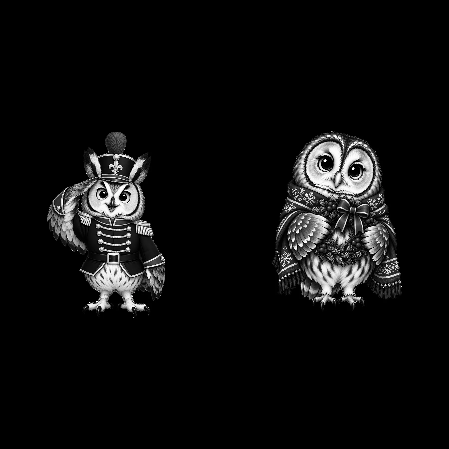 Owl characters in festive outfits for Christmas celebrations - AI-generated stock image