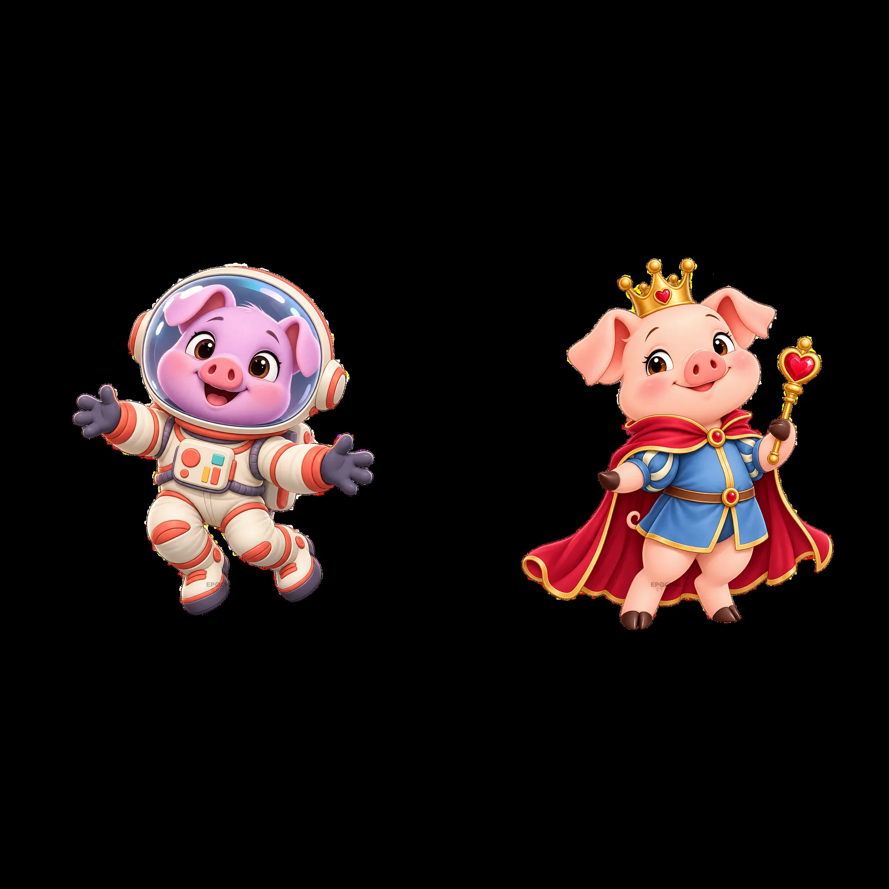 Cartoon pig astronaut and royal character stickers - AI-generated stock image