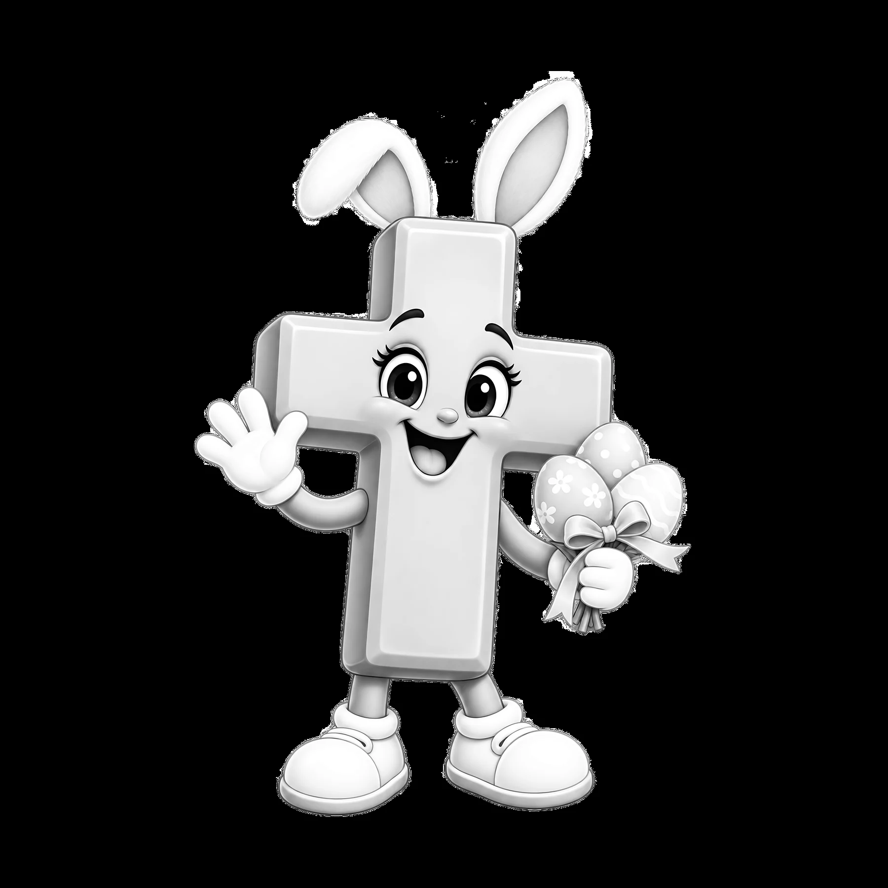 Cartoon cross character holding Easter eggs and waving - AI-generated stock image