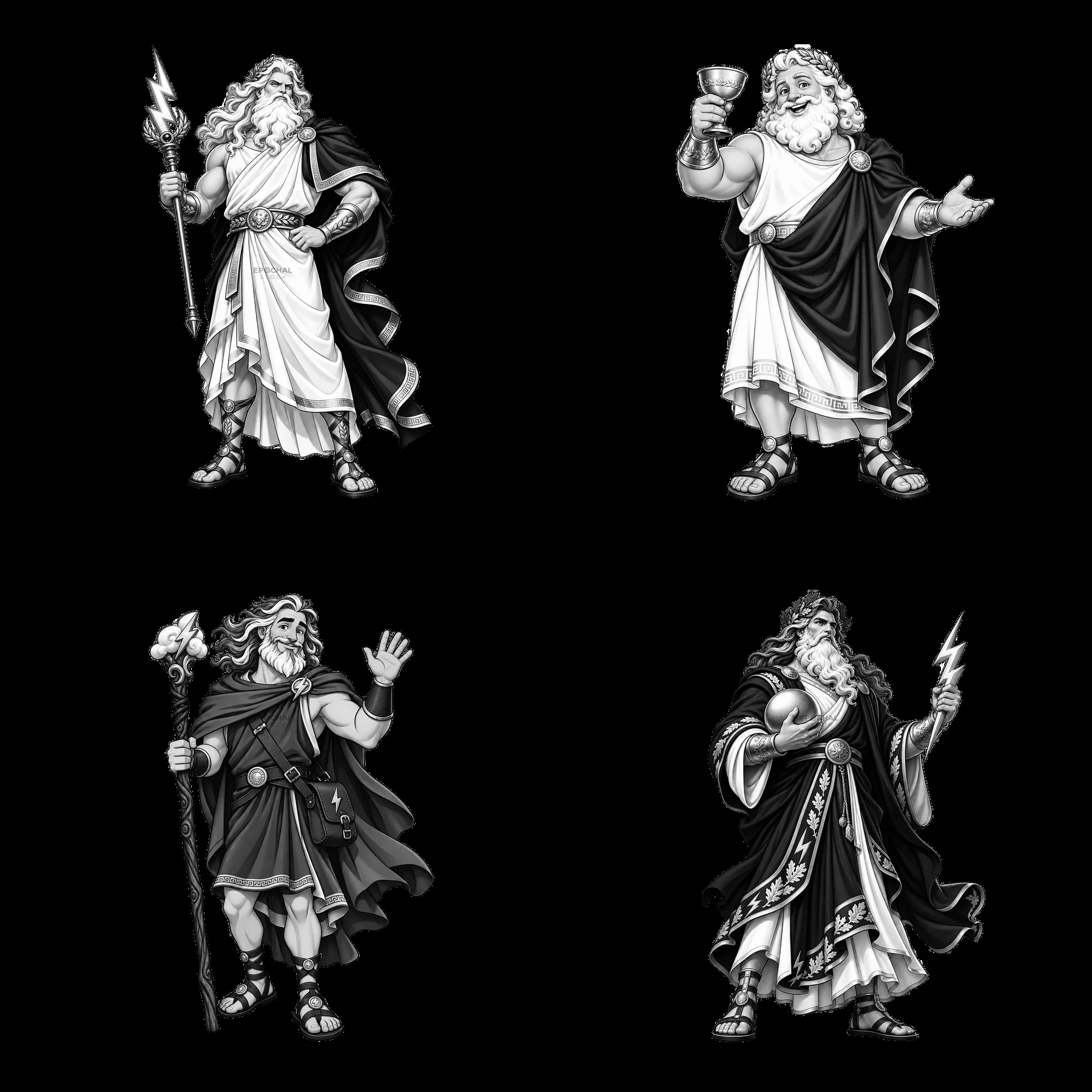 Cartoon Zeus characters in four different poses and activities - AI-generated stock image