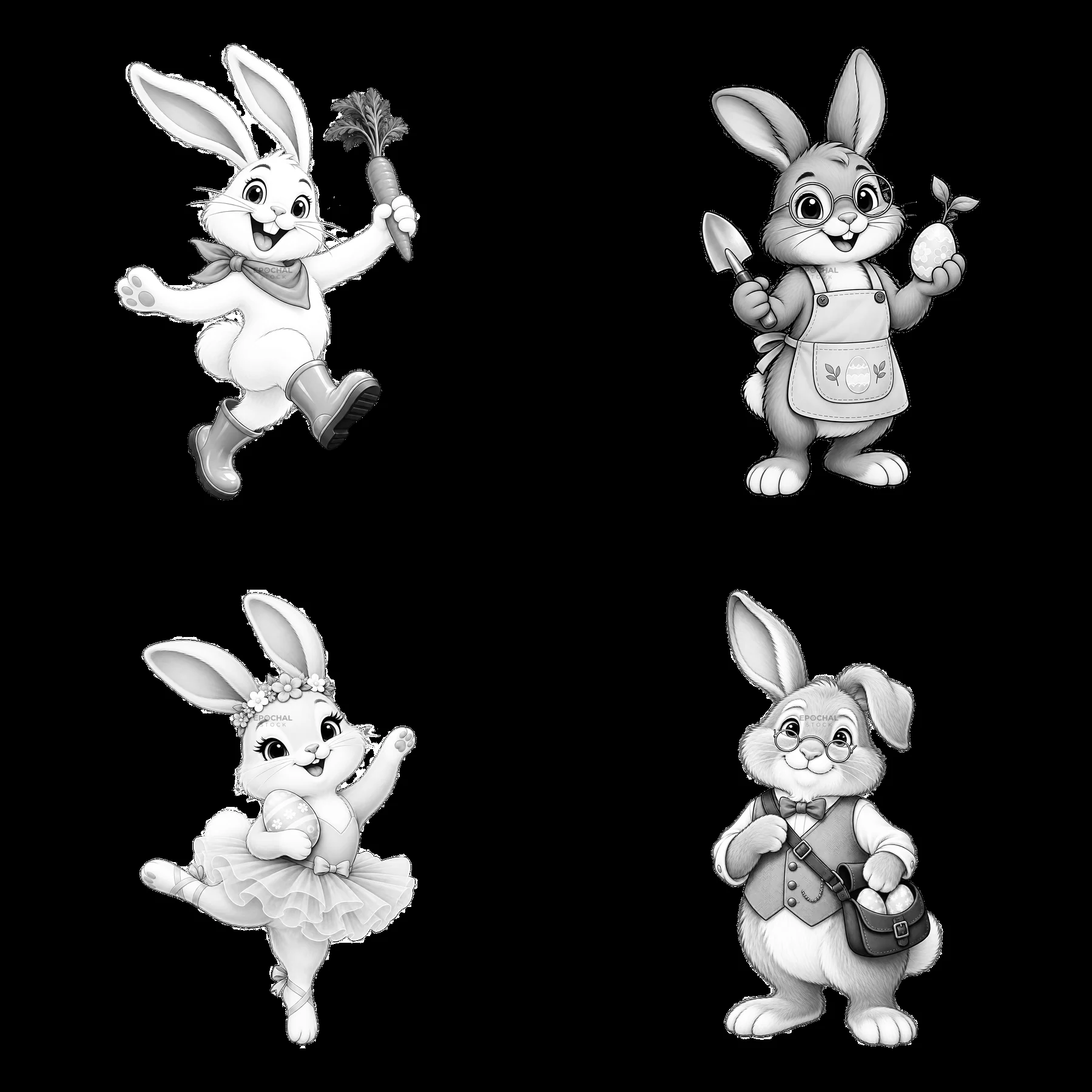 Cartoon bunnies with accessories in a playful 2x2 layout - AI-generated stock image
