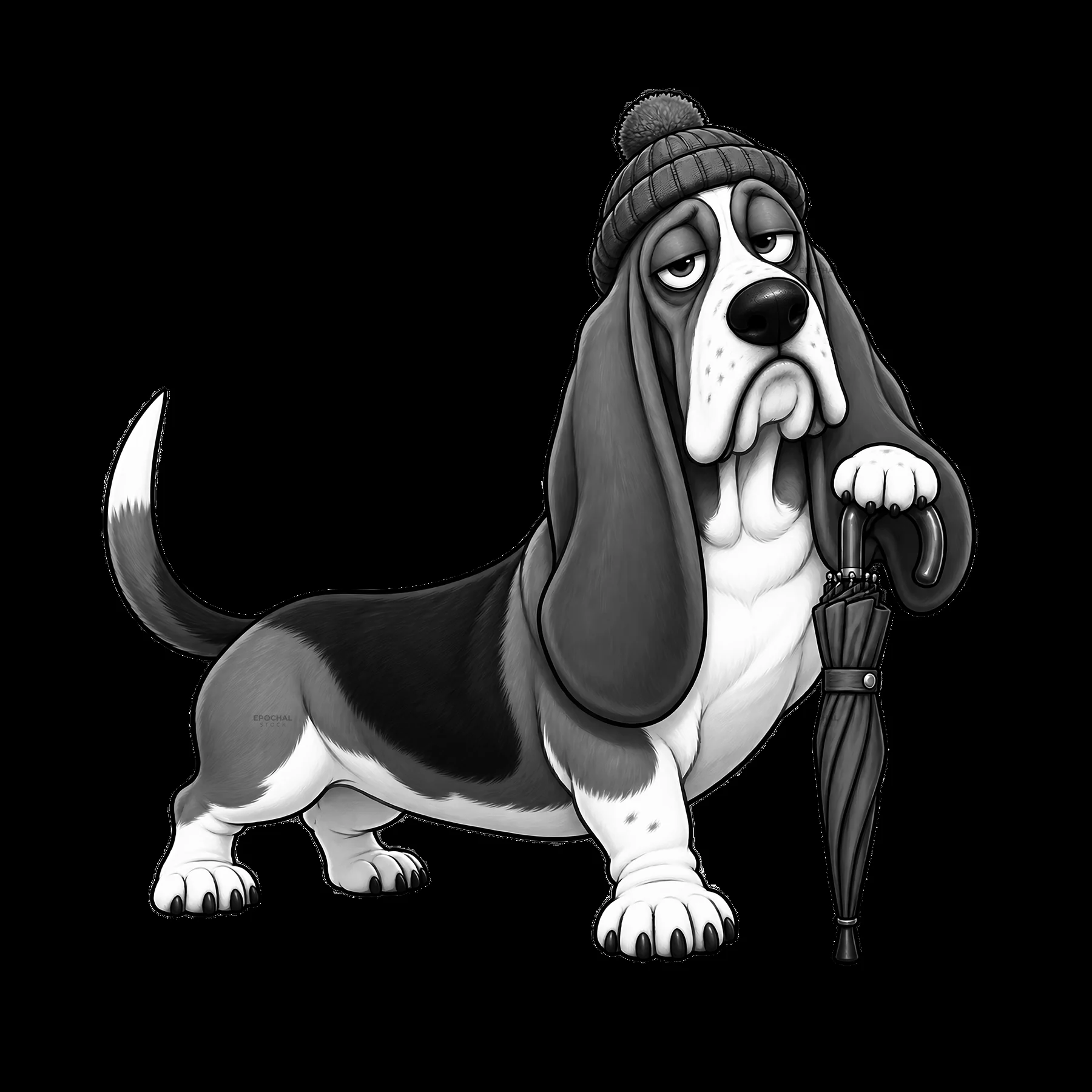 Grumpy dog holding an umbrella in a winter hat - AI-generated stock image