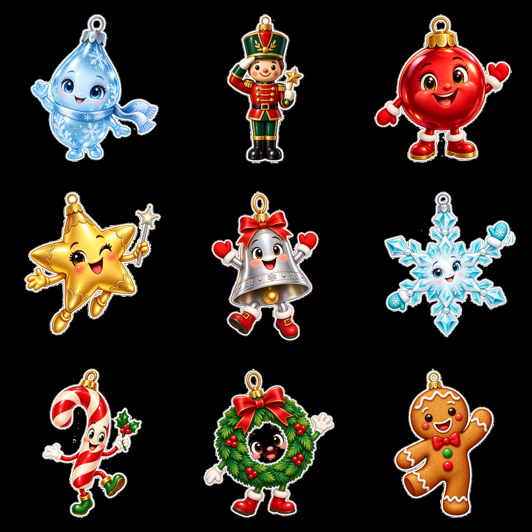 Nine cartoon figure stickers in a square arrangement - AI-generated stock image