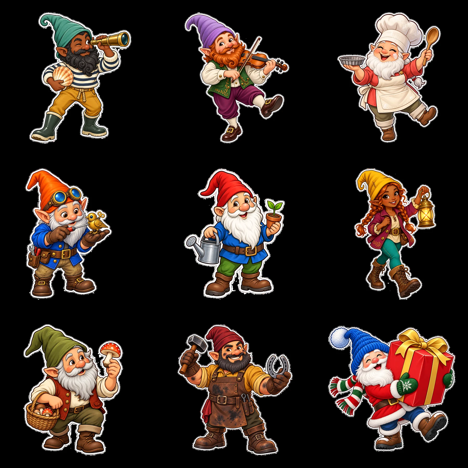 Gnomes in various activities showcasing unique skills and costumes - AI-generated stock image