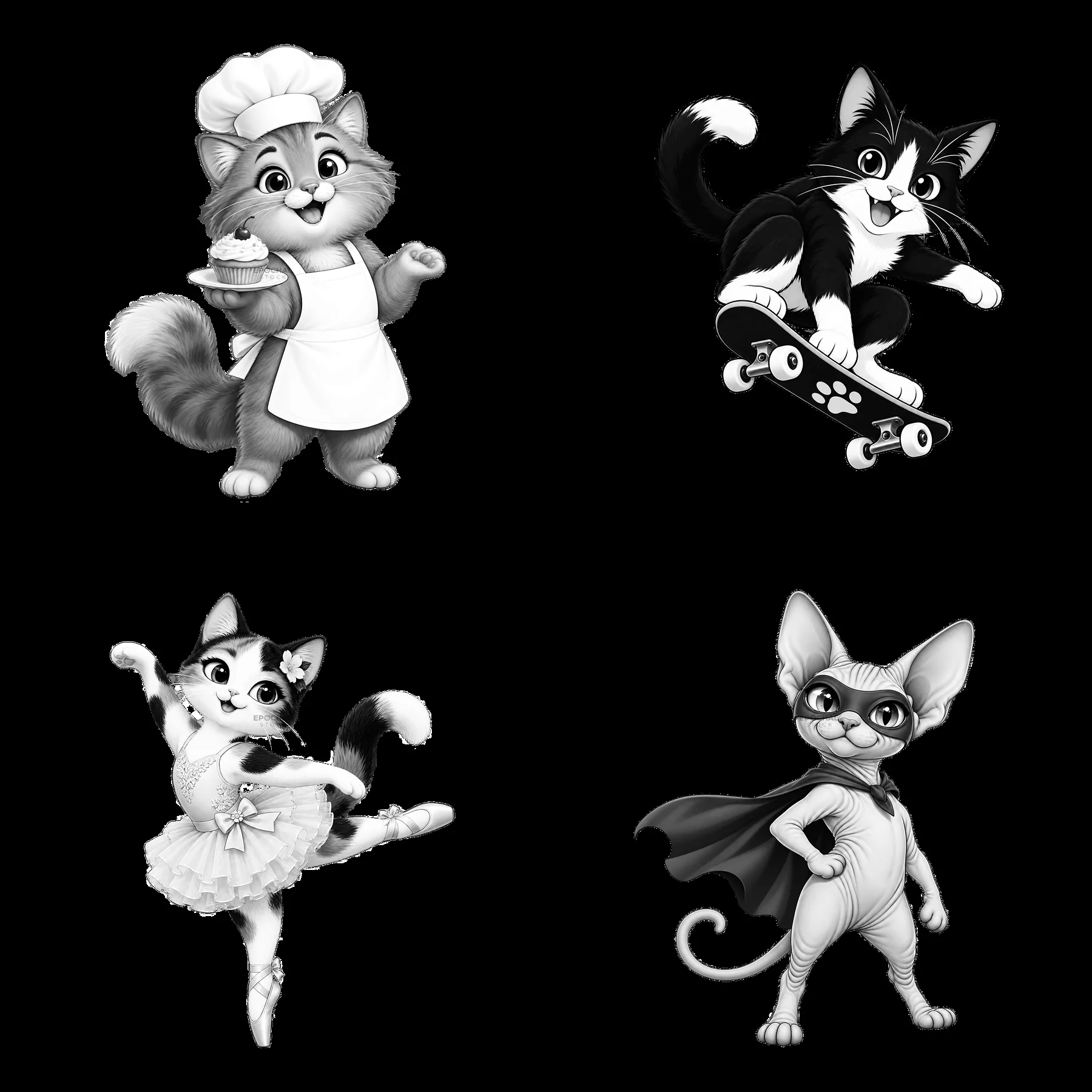Four playful cats in various professions and activities - AI-generated stock image